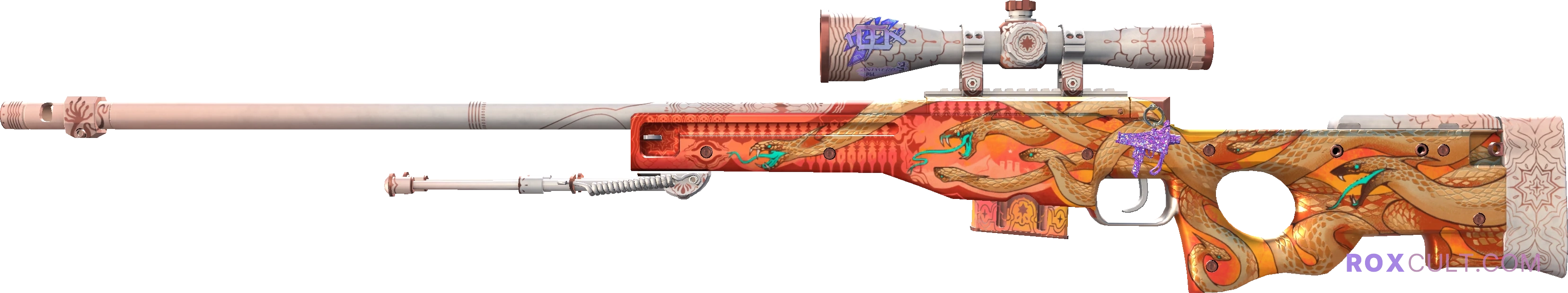 AWP | Desert Hydra (Factory New) — rox (Holo) Antwerp 2022 craft, playside view with 1 rox (Holo) sticker