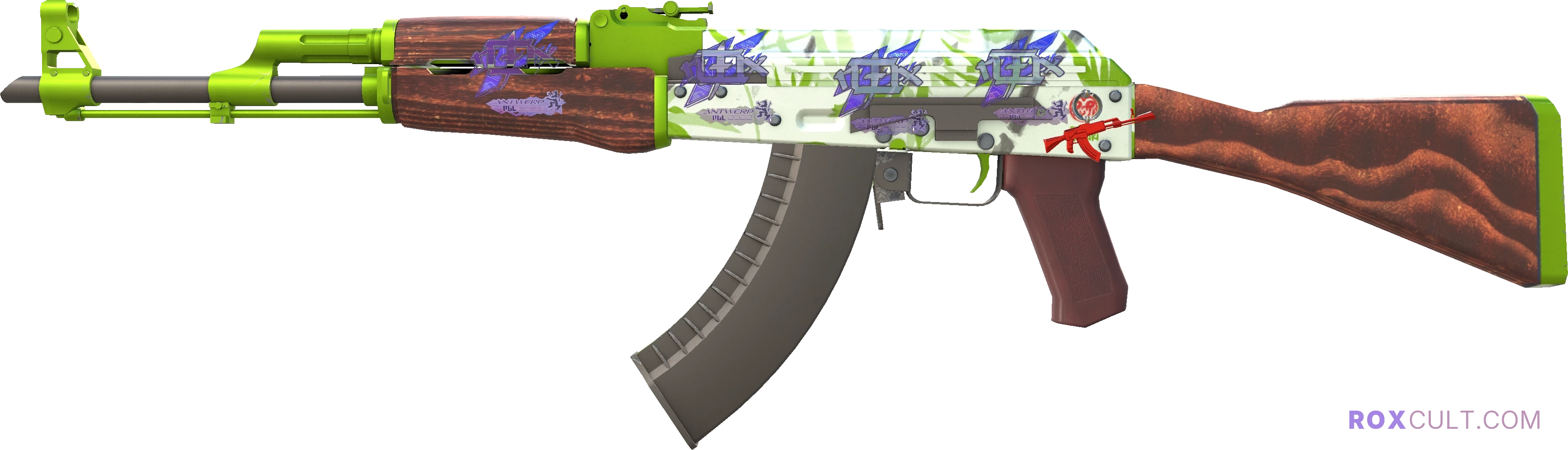 AK-47 | Hydroponic (Factory New) — rox (Holo) Antwerp 2022 craft, playside view with 4 rox (Holo) stickers