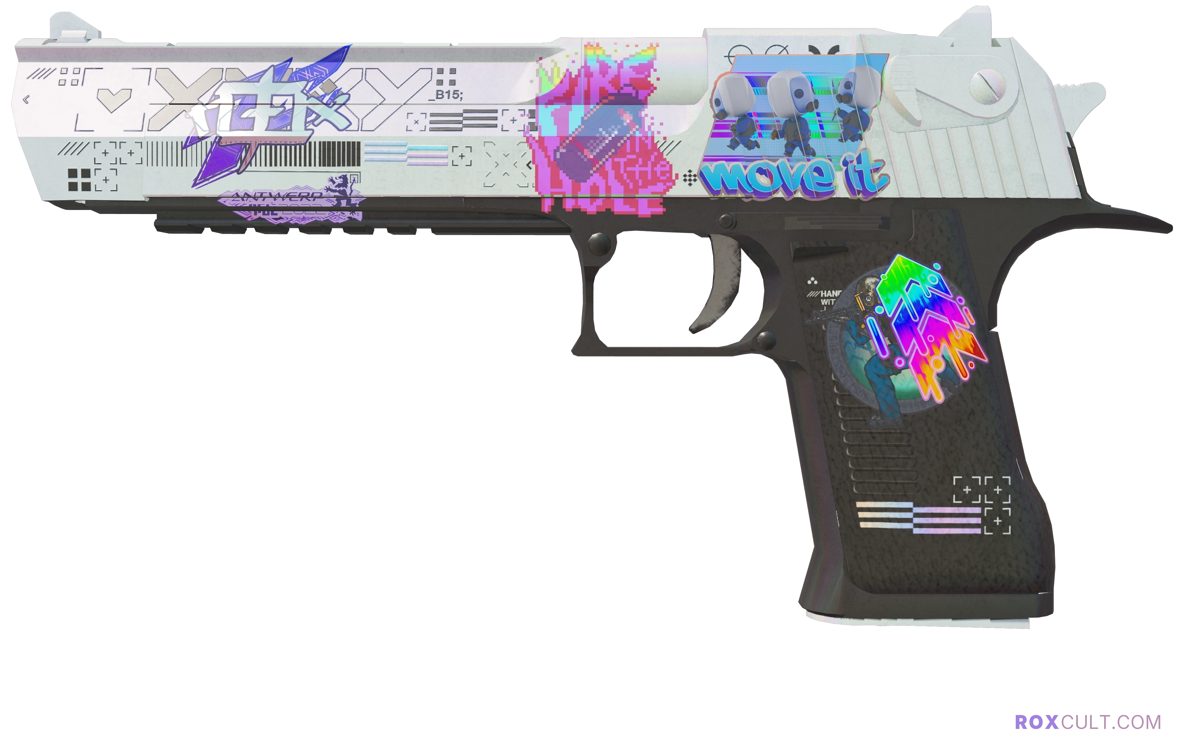 Desert Eagle | Printstream (Field-Tested) — rox (Holo) Antwerp 2022 craft, playside view with 1 rox (Holo) sticker