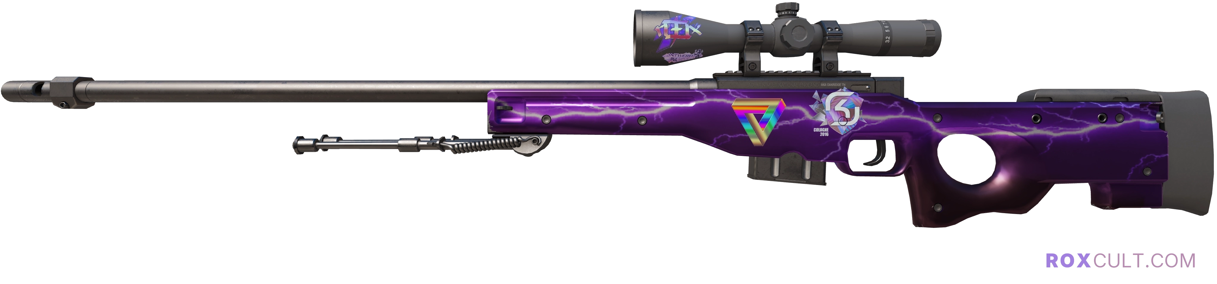 AWP | Lightning Strike (Factory New) — rox (Holo) Antwerp 2022 craft, playside view with 1 rox (Holo) sticker