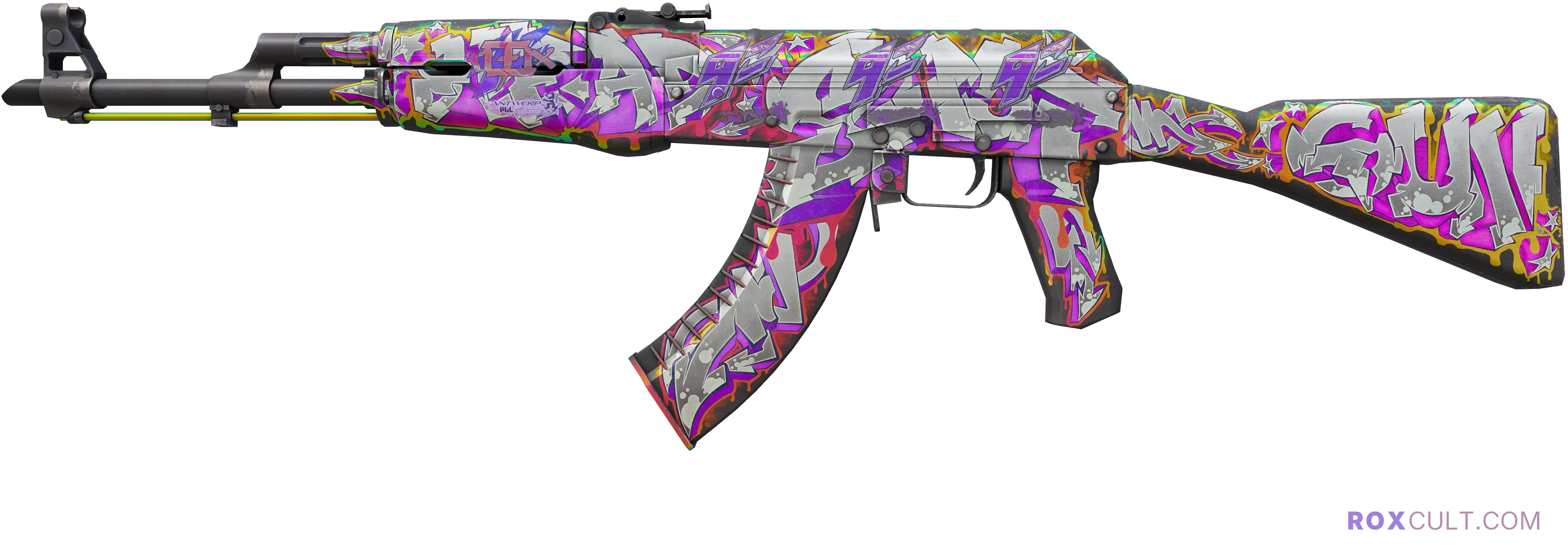 AK-47 | Head Shot (Minimal Wear) — rox (Holo) Antwerp 2022 craft, playside view with 1 rox (Holo) sticker