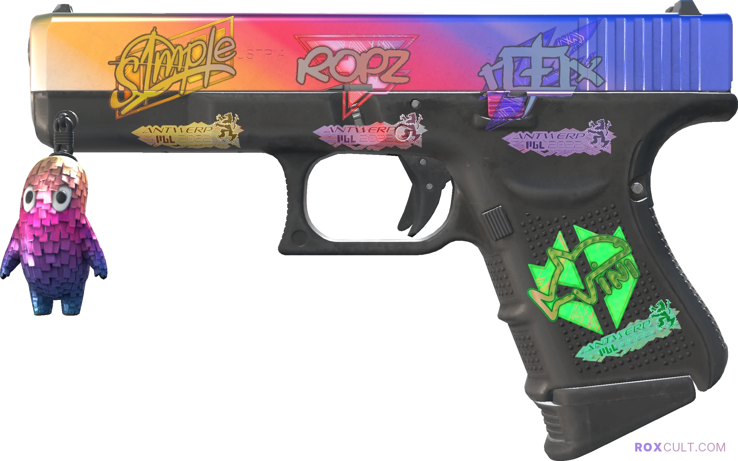 Glock-18 | Fade (Factory New) — rox (Holo) Antwerp 2022 craft, playside view with 1 rox (Holo) sticker