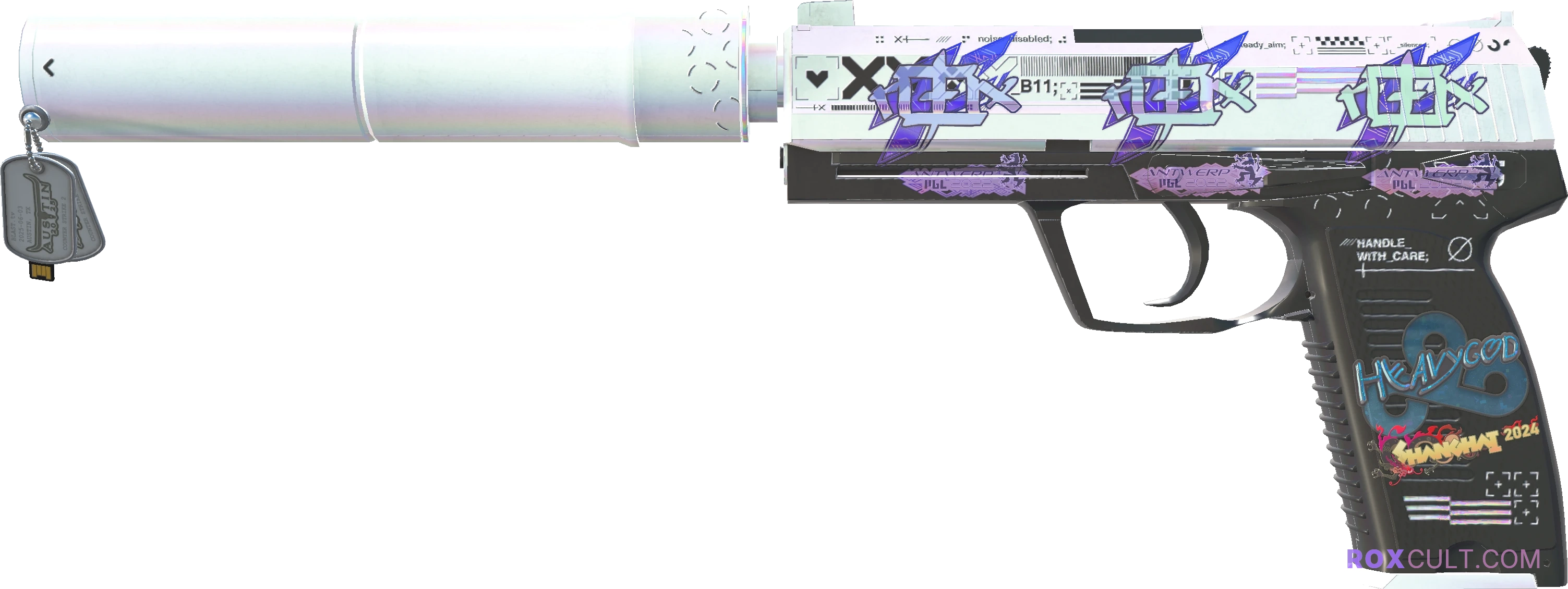 USP-S | Printstream (Factory New) — rox (Holo) Antwerp 2022 craft, playside view with 3 rox (Holo) stickers