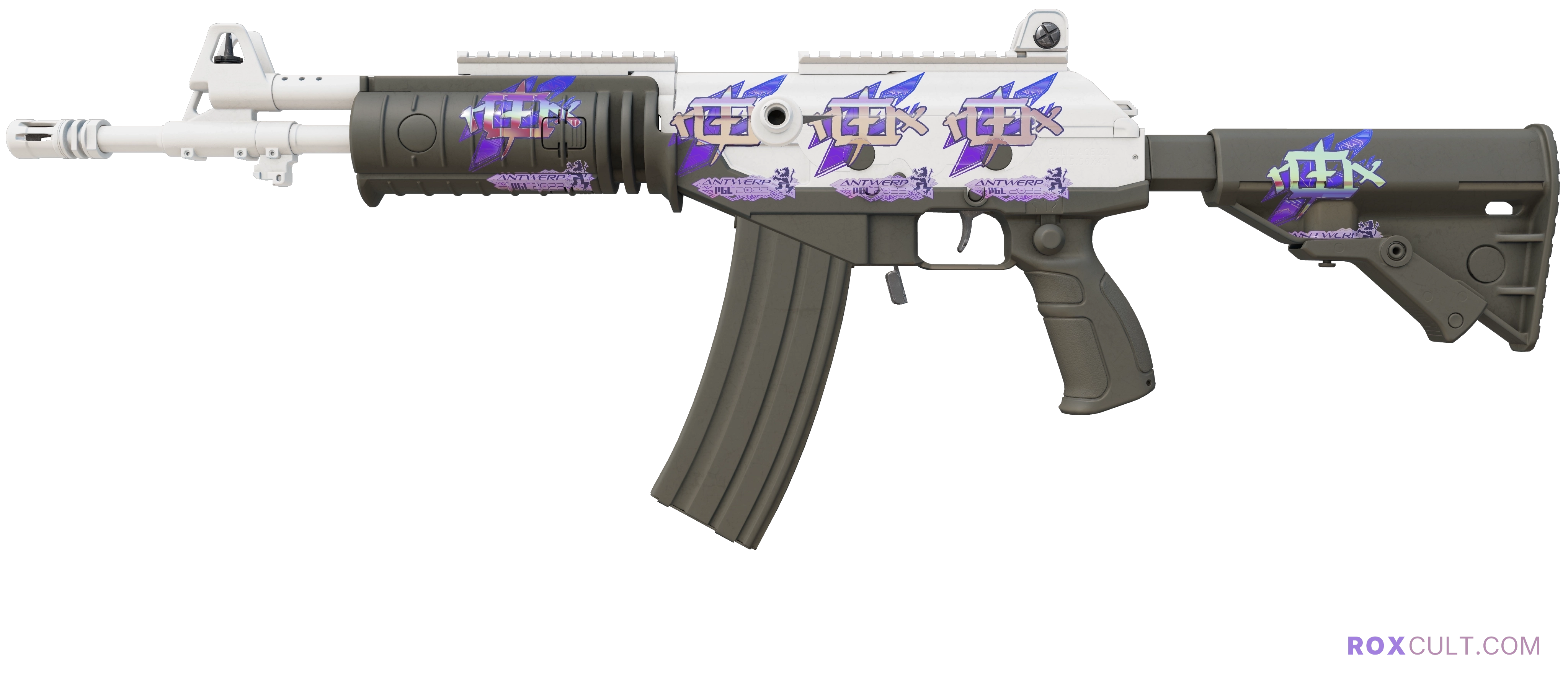 Galil AR | Tuxedo (Factory New) — rox (Holo) Antwerp 2022 craft, playside view with 5 rox (Holo) stickers