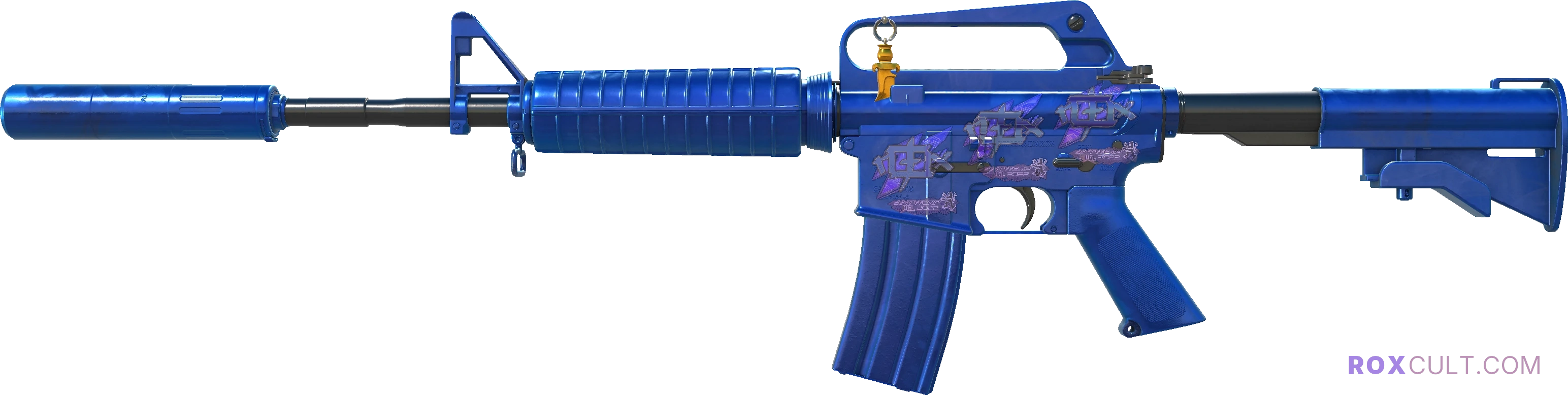 M4A1-S | Blue Phosphor (Factory New) — rox (Holo) Antwerp 2022 craft, playside view with 3 rox (Holo) stickers
