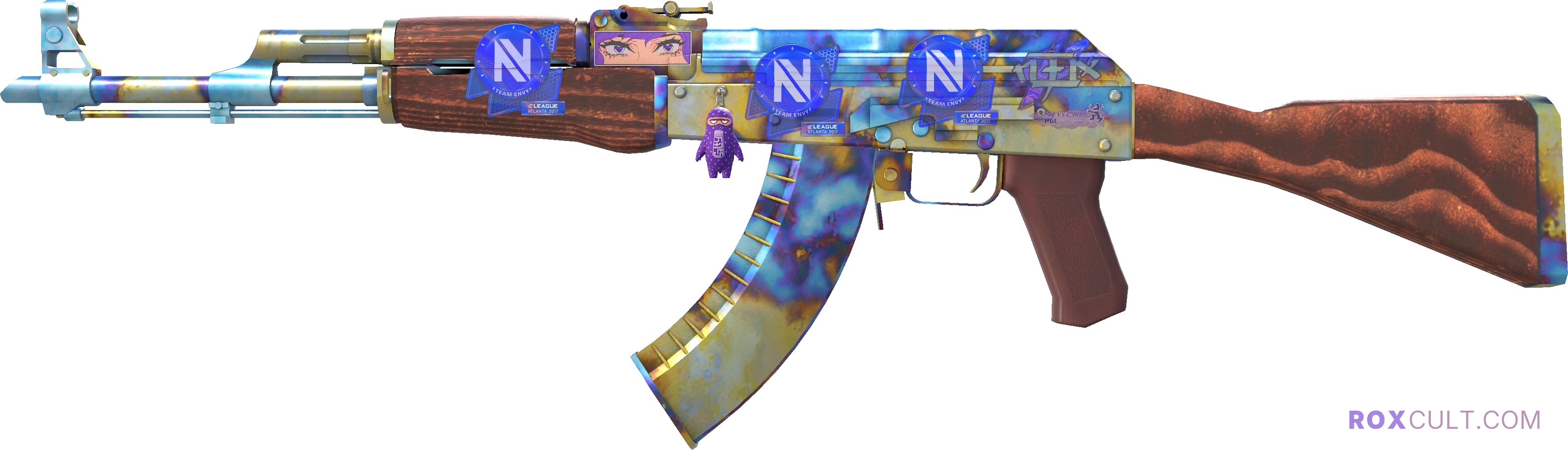 AK-47 | Case Hardened (Factory New) — rox (Holo) Antwerp 2022 craft, playside view with 1 rox (Holo) sticker