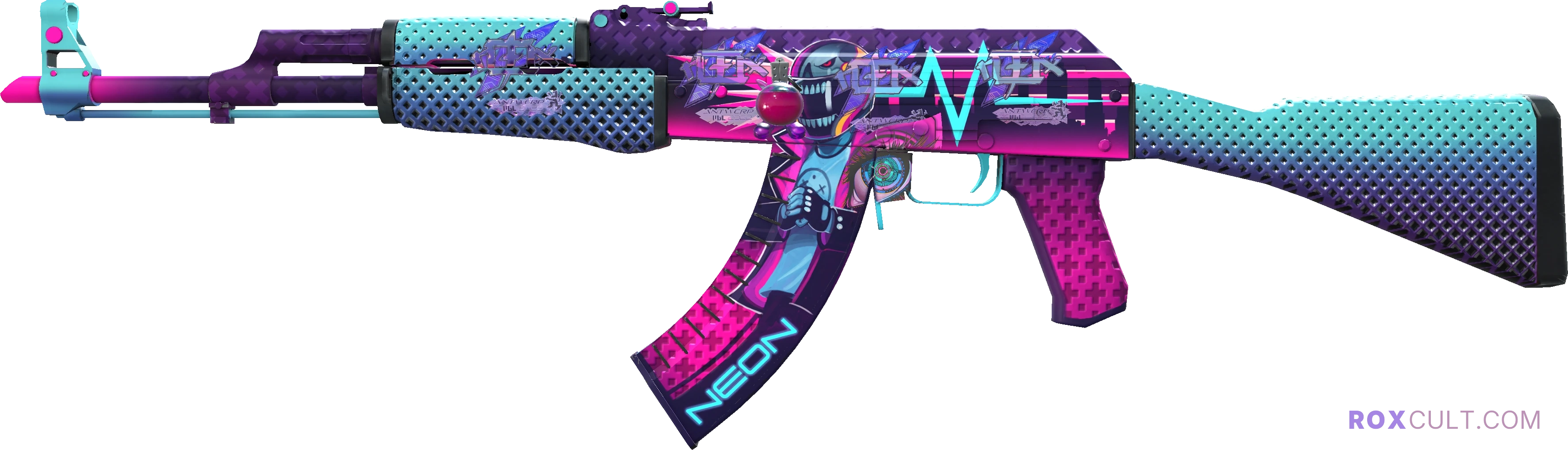 AK-47 | Neon Rider (Factory New) — rox (Holo) Antwerp 2022 craft, playside view with 4 rox (Holo) stickers