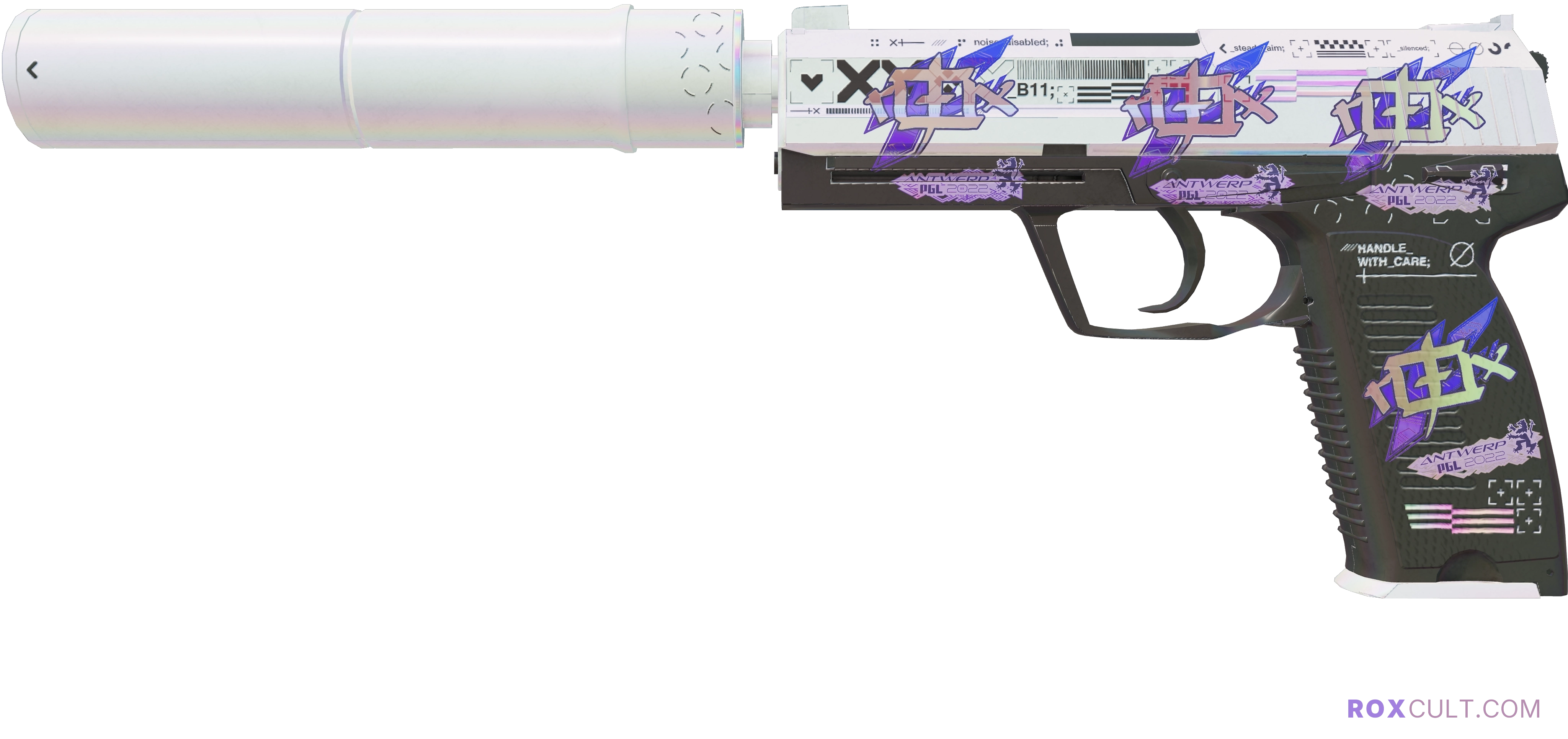 USP-S | Printstream (Minimal Wear) — rox (Holo) Antwerp 2022 craft, playside view with 4 rox (Holo) stickers