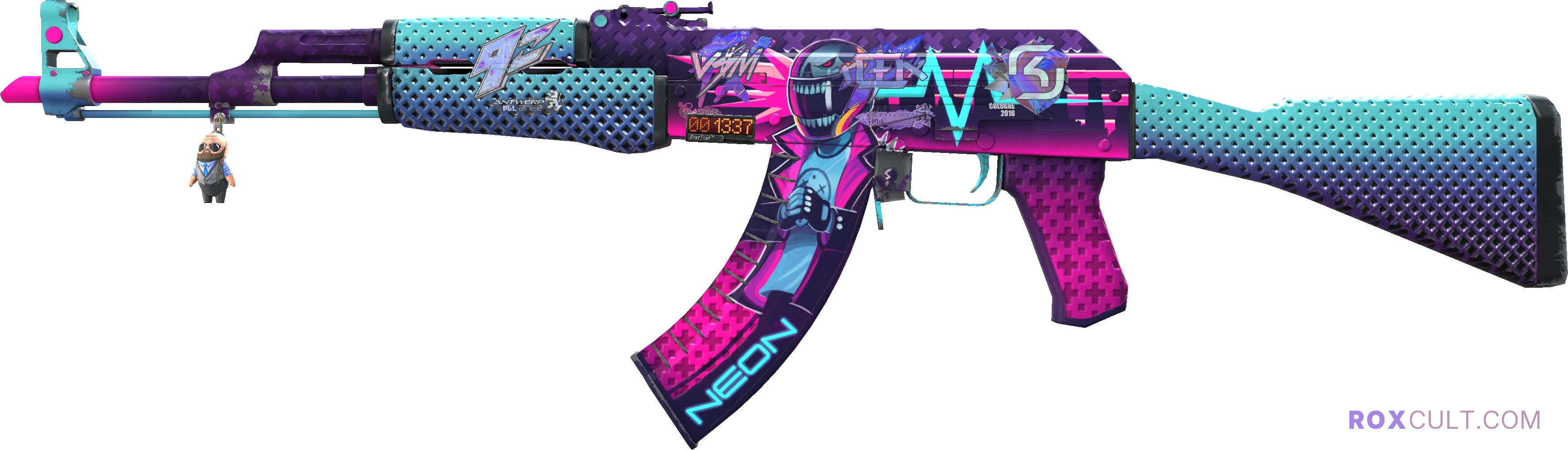 StatTrak™ AK-47 | Neon Rider (Minimal Wear) — rox (Holo) Antwerp 2022 craft, playside view with 1 rox (Holo) sticker