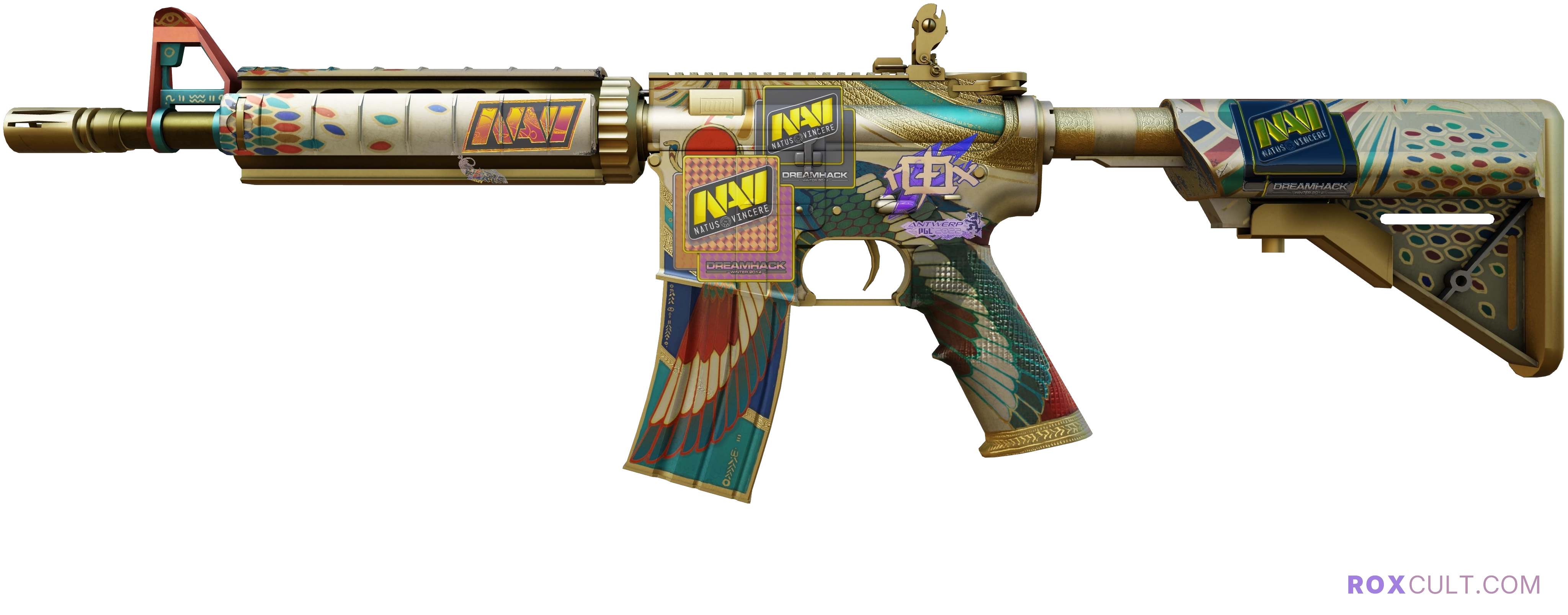 M4A4 | Eye of Horus (Field-Tested) — rox (Holo) Antwerp 2022 craft, playside view with 1 rox (Holo) sticker