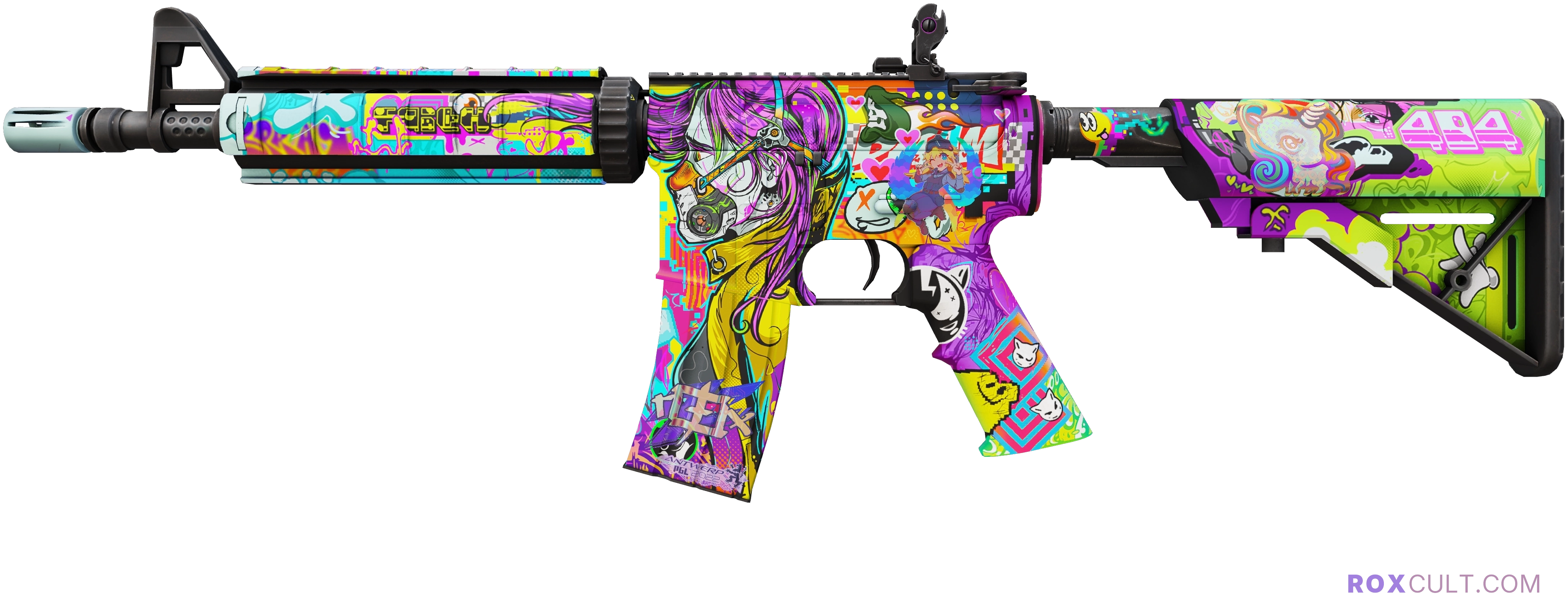 M4A4 | In Living Color (Factory New) — rox (Holo) Antwerp 2022 craft, playside view with 1 rox (Holo) sticker