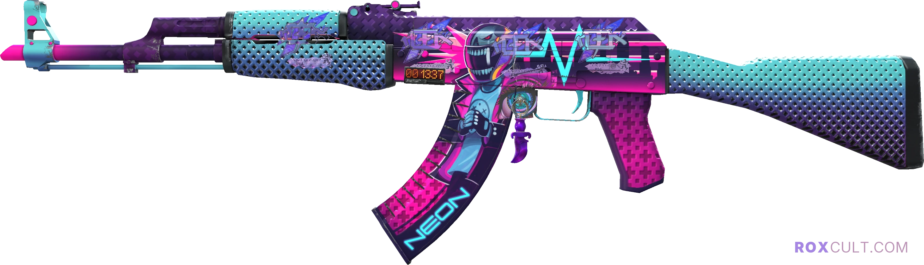 StatTrak™ AK-47 | Neon Rider (Factory New) — rox (Holo) Antwerp 2022 craft, playside view with 4 rox (Holo) stickers