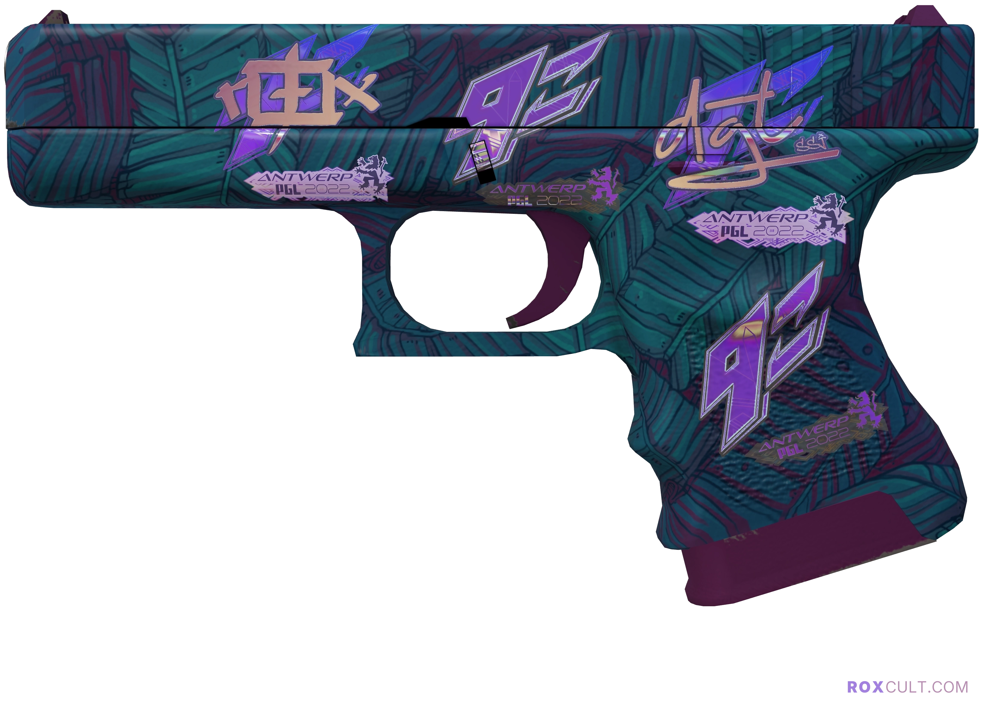 Glock-18 | Synth Leaf (Factory New) — rox (Holo) Antwerp 2022 craft, playside view with 1 rox (Holo) sticker