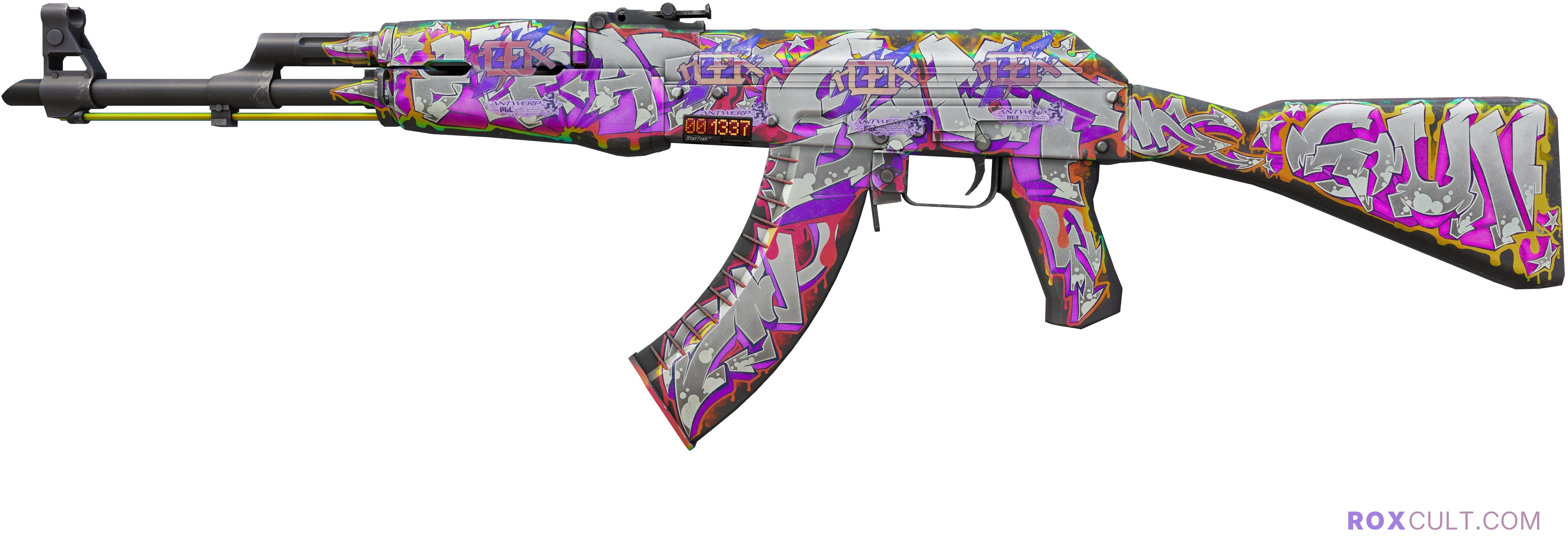 StatTrak™ AK-47 | Head Shot (Factory New) — rox (Holo) Antwerp 2022 craft, playside view with 4 rox (Holo) stickers