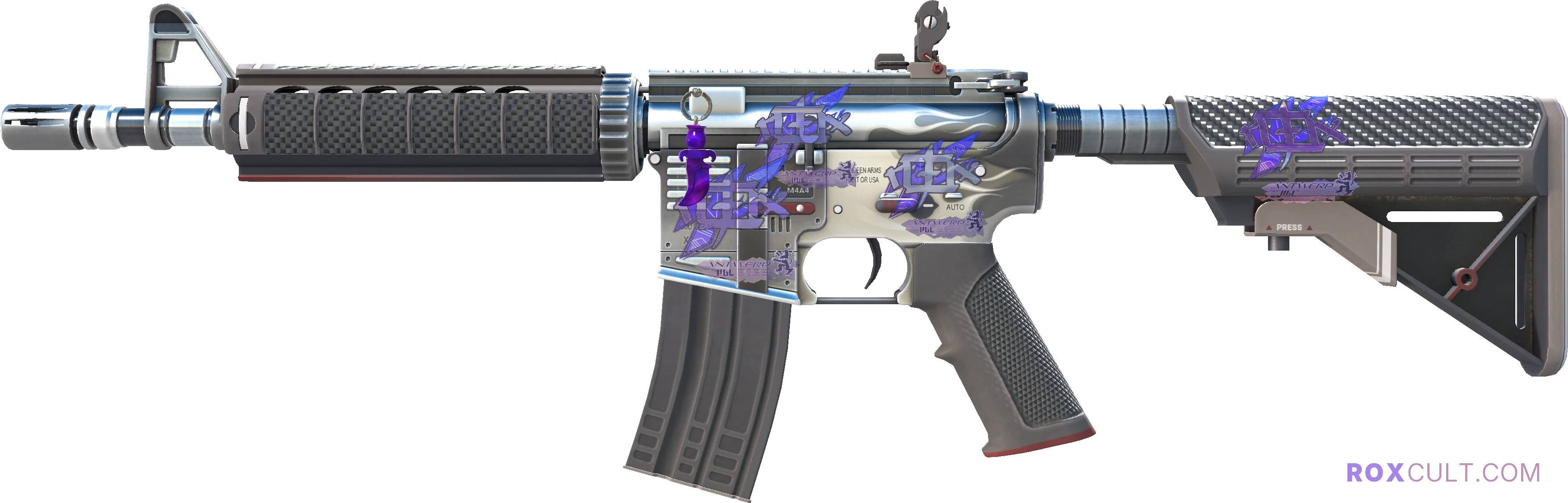 M4A4 | Magnesium (Factory New) — rox (Holo) Antwerp 2022 craft, playside view with 4 rox (Holo) stickers