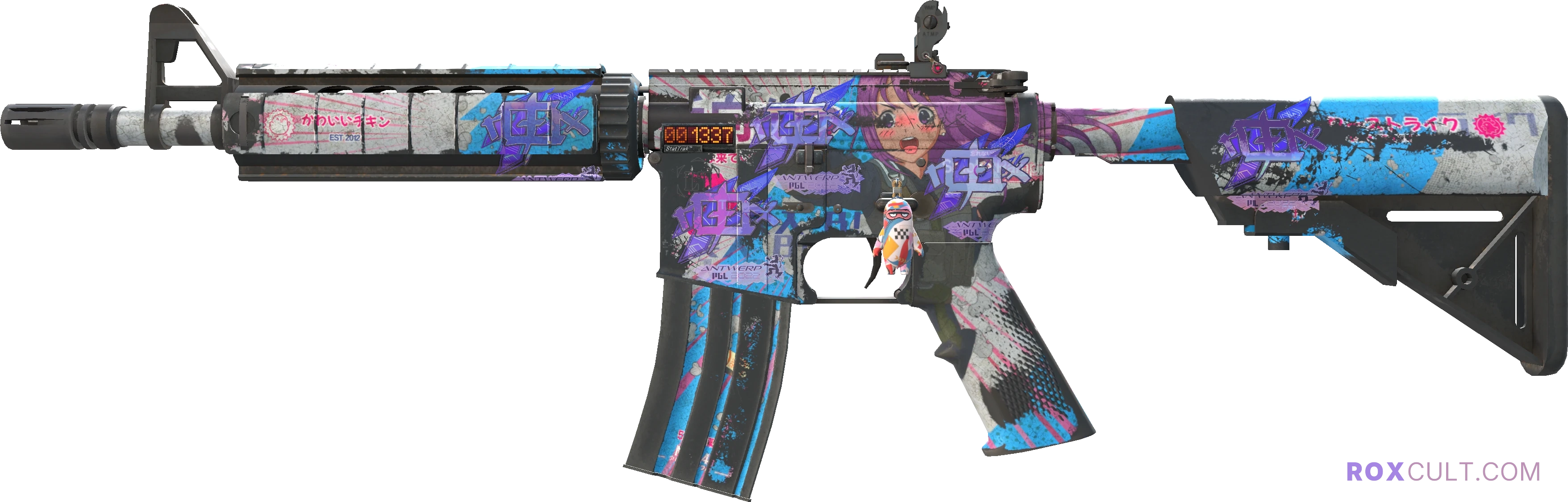 StatTrak™ M4A4 | Temukau (Battle-Scarred) — rox (Holo) Antwerp 2022 craft, playside view with 5 rox (Holo) stickers