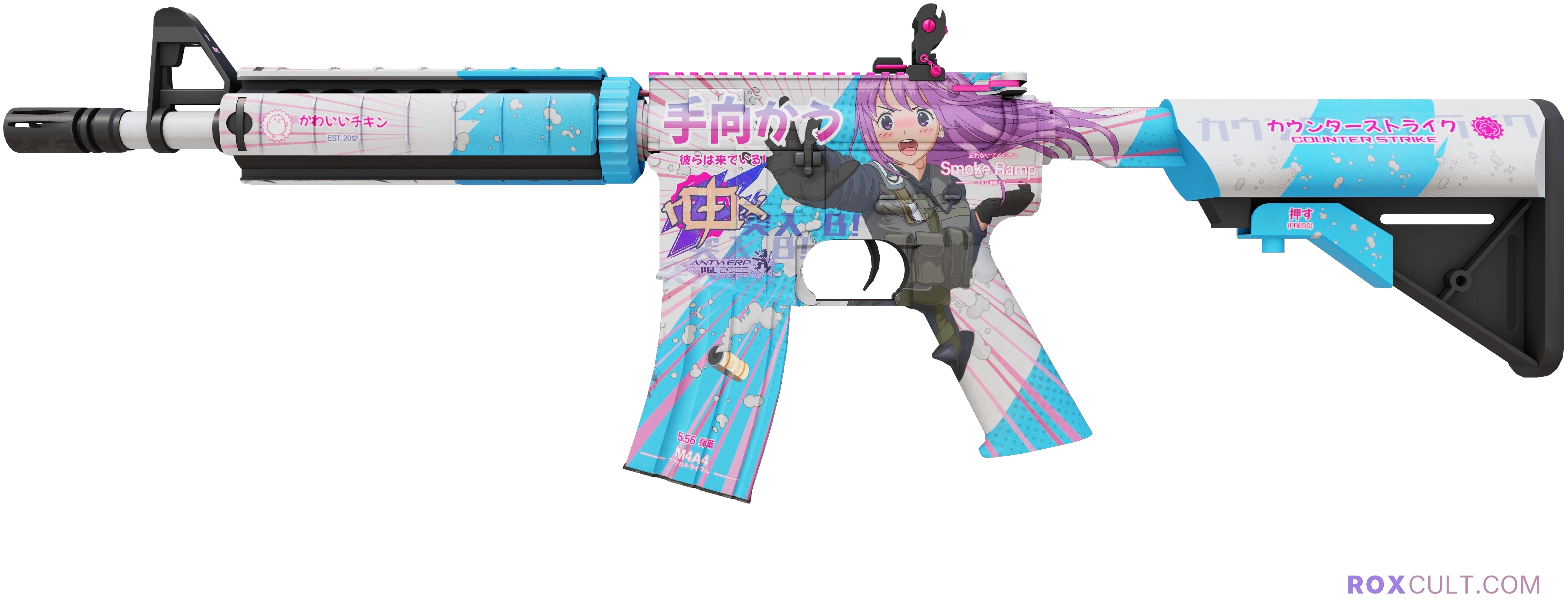 M4A4 | Temukau (Factory New) — rox (Holo) Antwerp 2022 craft, playside view with 1 rox (Holo) sticker