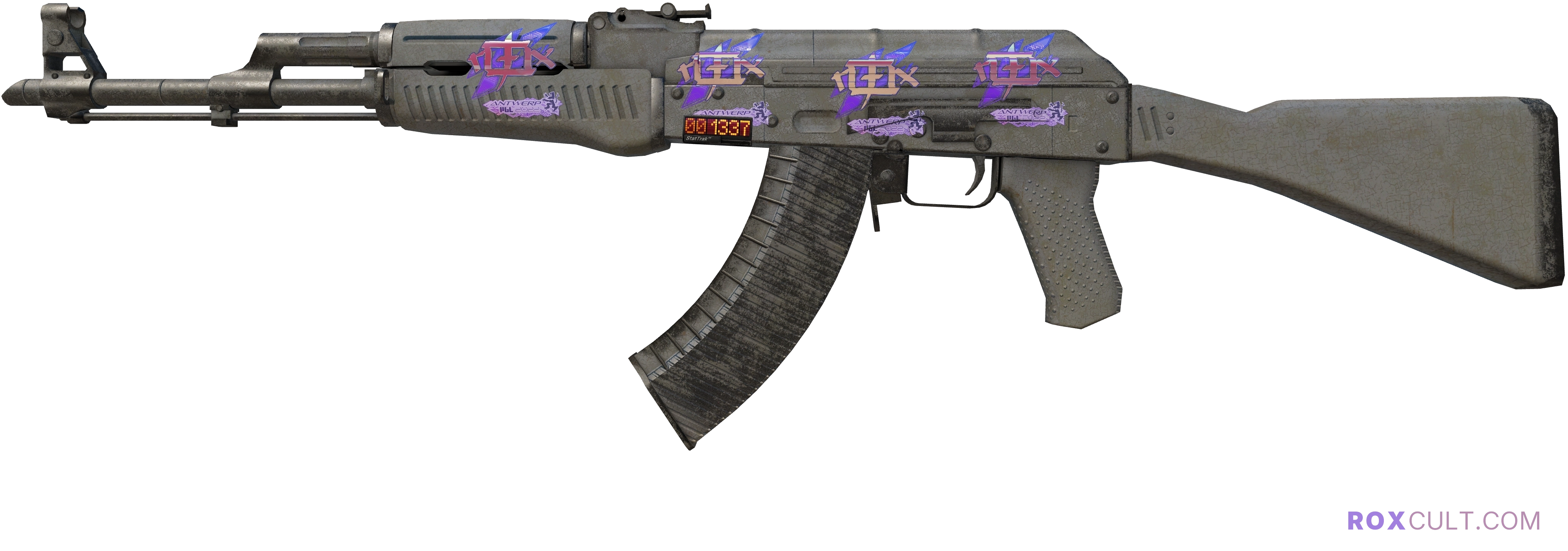 StatTrak™ AK-47 | Slate (Battle-Scarred) — rox (Holo) Antwerp 2022 craft, playside view with 4 rox (Holo) stickers
