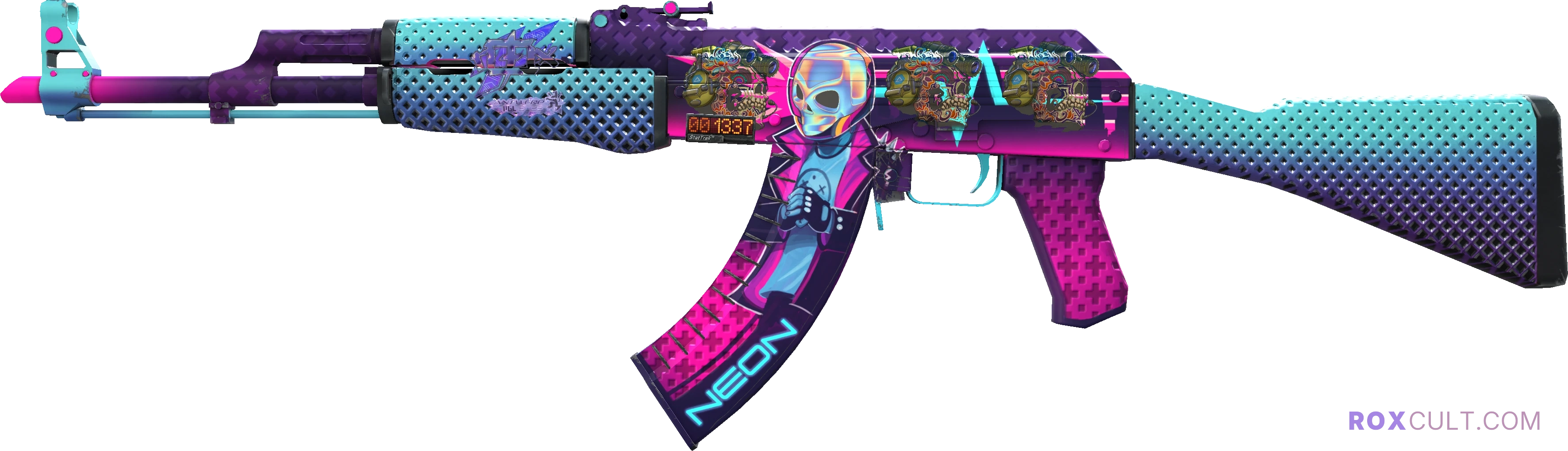 StatTrak™ AK-47 | Neon Rider (Factory New) — rox (Holo) Antwerp 2022 craft, playside view with 1 rox (Holo) sticker