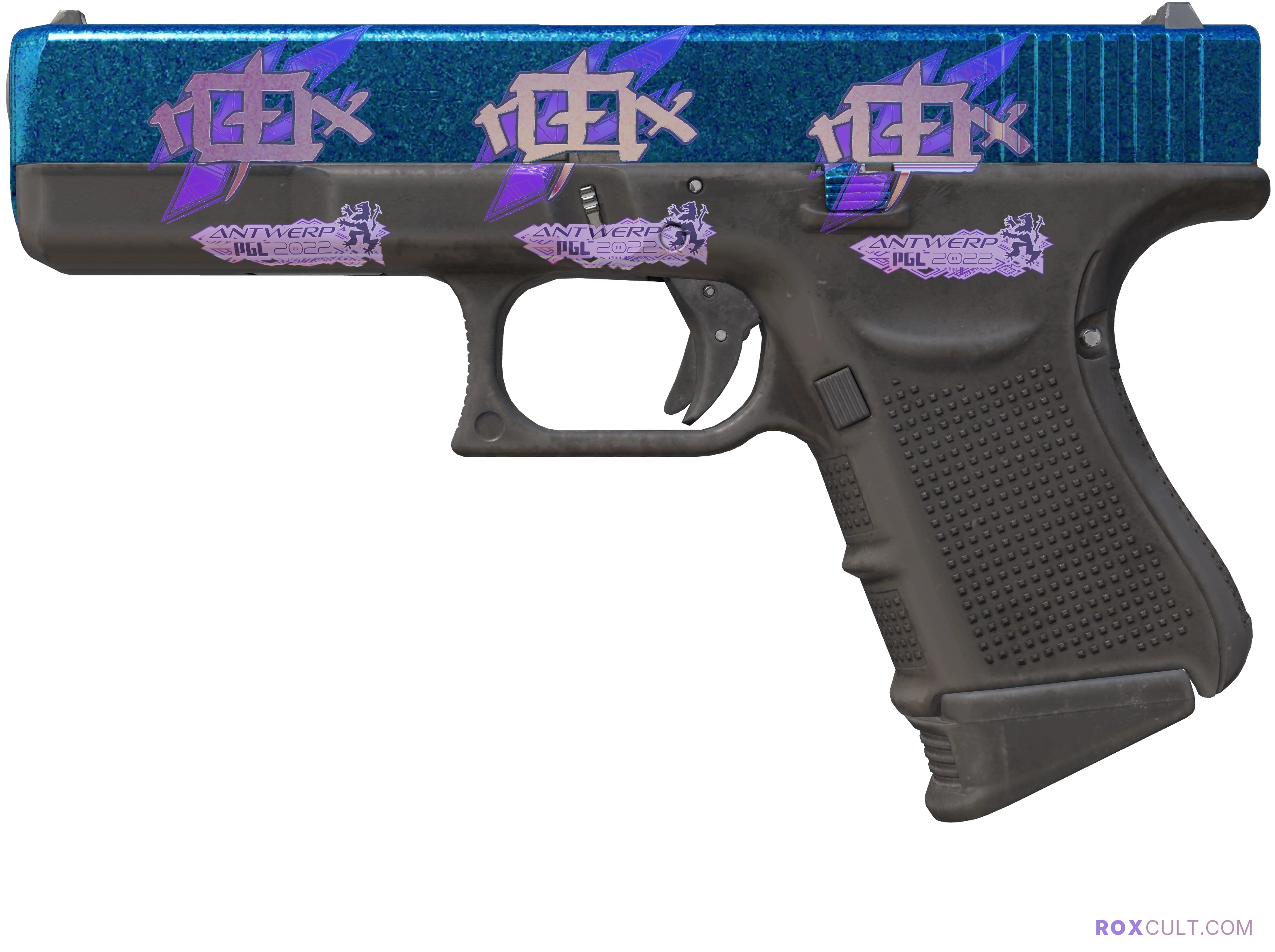 Glock-18 | Twilight Galaxy (Factory New) — rox (Holo) Antwerp 2022 craft, playside view with 3 rox (Holo) stickers
