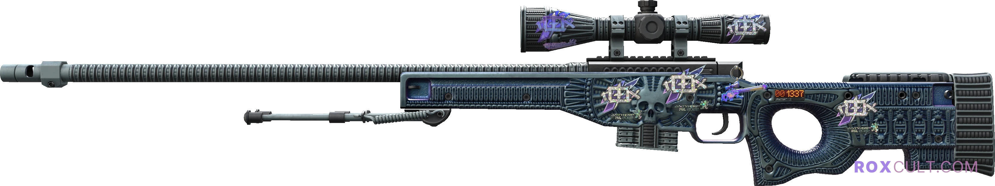 StatTrak™ AWP | Exoskeleton (Factory New) — rox (Holo) Antwerp 2022 craft, playside view with 1 rox (Holo) sticker