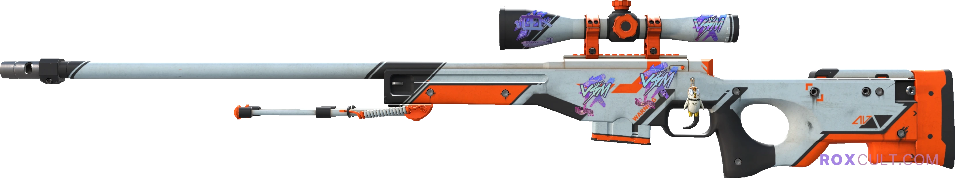 AWP | Asiimov (Field-Tested) — rox (Holo) Antwerp 2022 craft, playside view with 1 rox (Holo) sticker