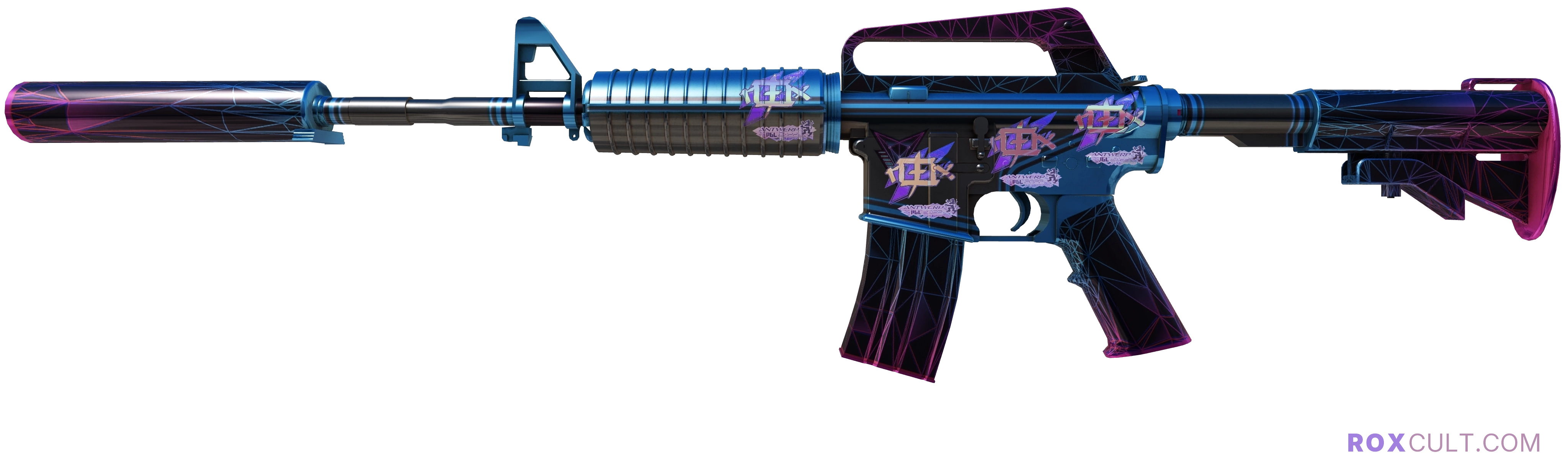 M4A1-S | Decimator (Factory New) — rox (Holo) Antwerp 2022 craft, playside view with 4 rox (Holo) stickers