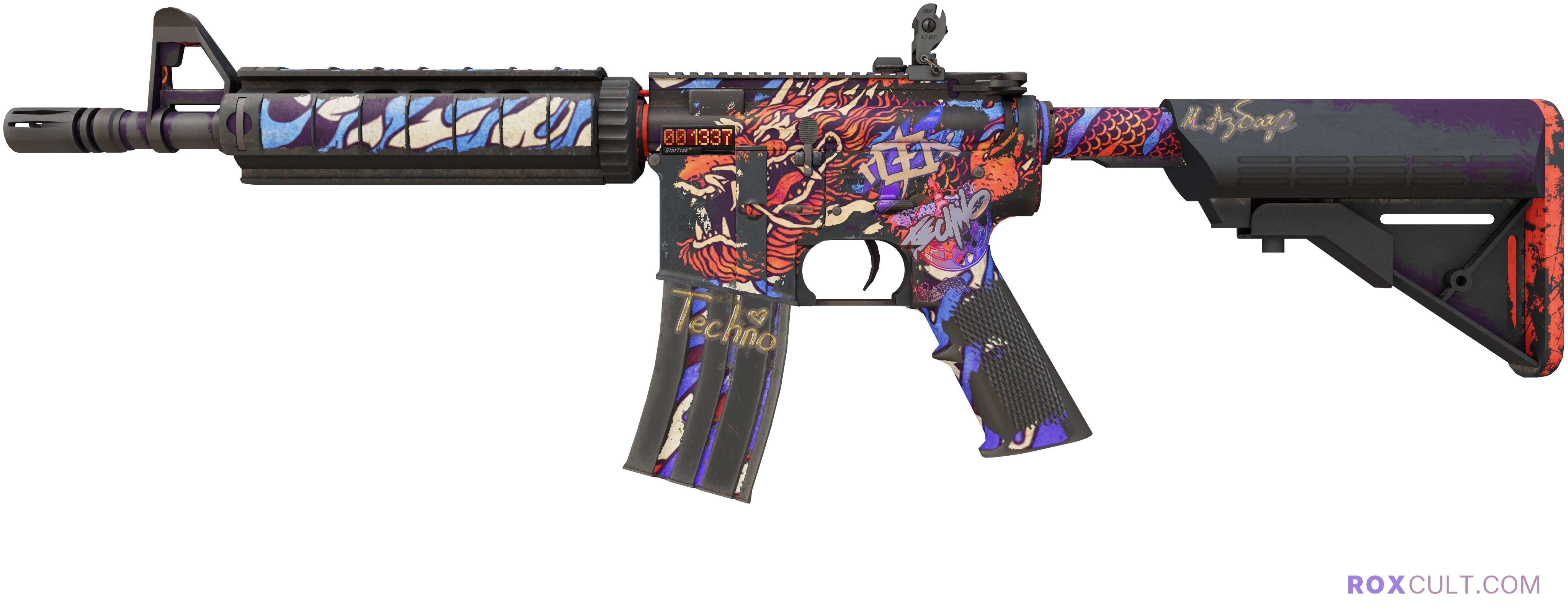 StatTrak™ M4A4 | 龍王 (Dragon King) (Battle-Scarred) — rox (Holo) Antwerp 2022 craft, playside view with 1 rox (Holo) sticker