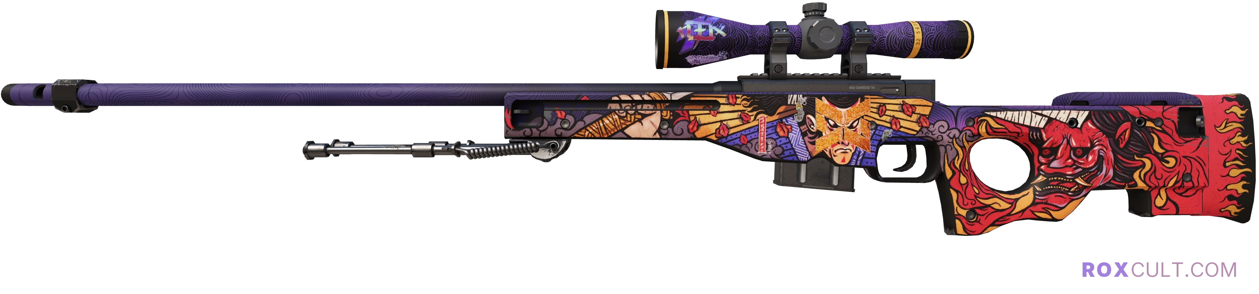 AWP | Oni Taiji (Minimal Wear) — rox (Holo) Antwerp 2022 craft, playside view with 1 rox (Holo) sticker