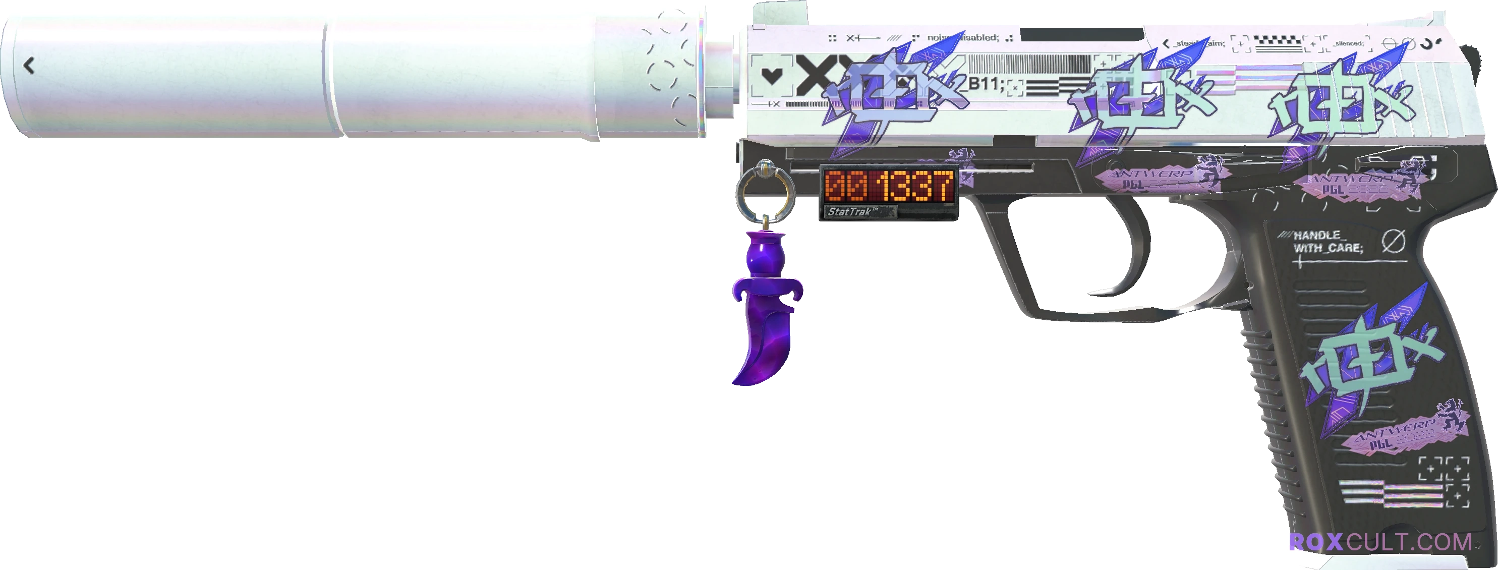 StatTrak™ USP-S | Printstream (Minimal Wear) — rox (Holo) Antwerp 2022 craft, playside view with 4 rox (Holo) stickers