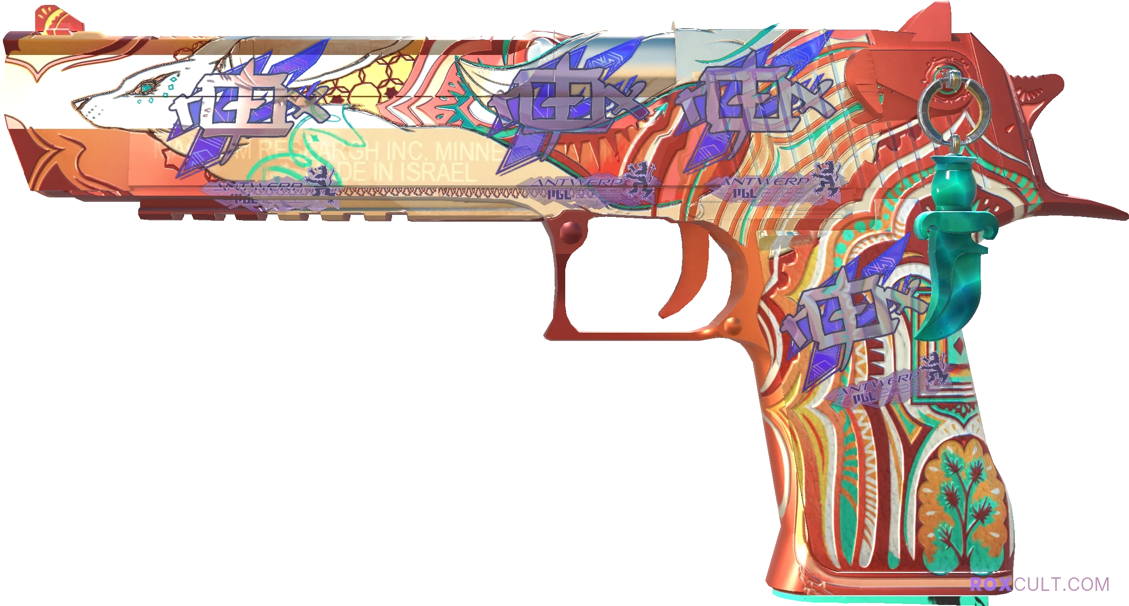 Desert Eagle | Fennec Fox (Factory New) — rox (Holo) Antwerp 2022 craft, playside view with 4 rox (Holo) stickers