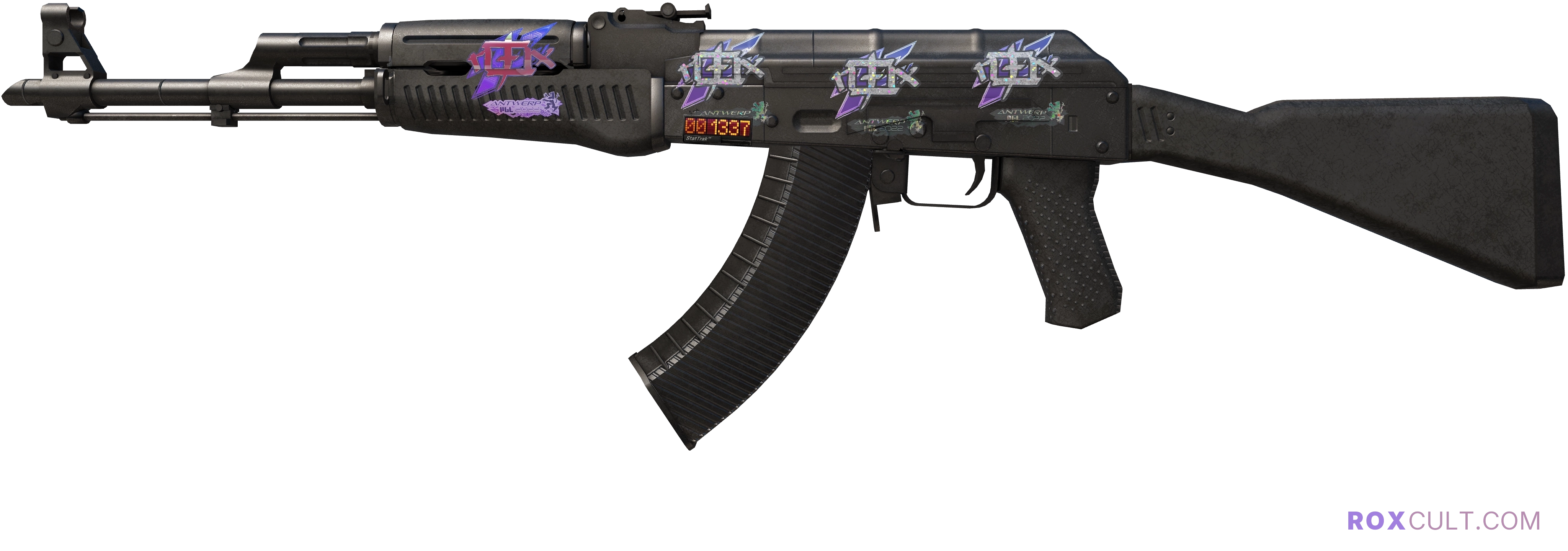 StatTrak™ AK-47 | Slate (Field-Tested) — rox (Holo) Antwerp 2022 craft, playside view with 1 rox (Holo) sticker