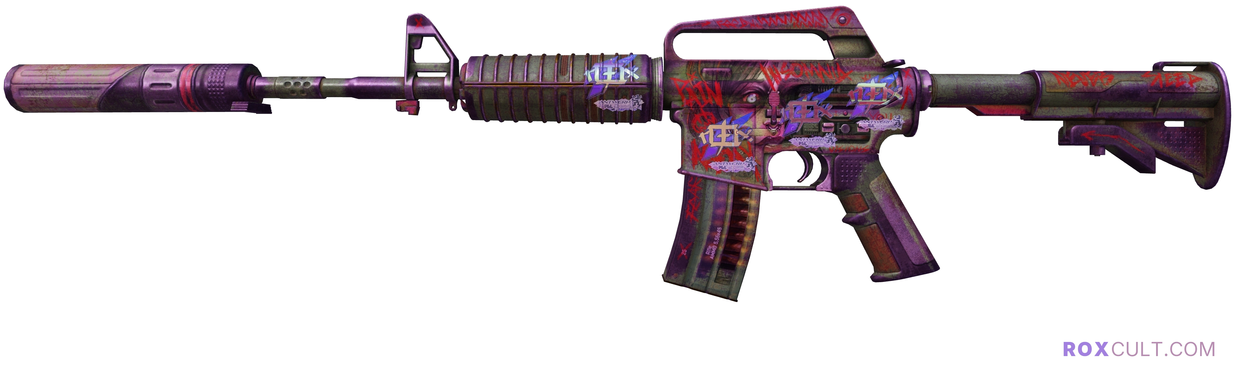 M4A1-S | Night Terror (Battle-Scarred) — rox (Holo) Antwerp 2022 craft, playside view with 4 rox (Holo) stickers