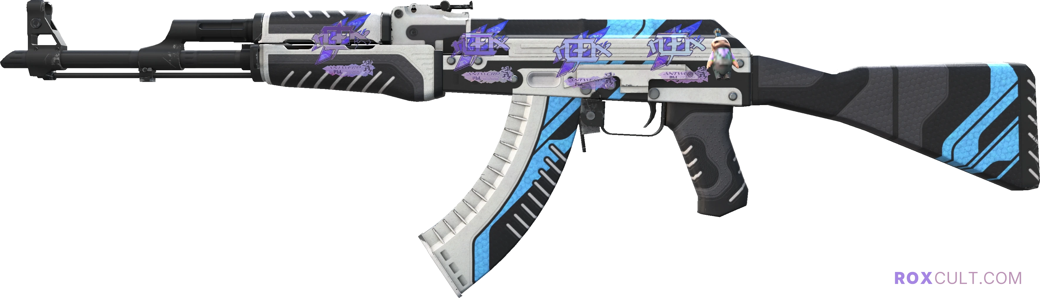 AK-47 | Vulcan (Factory New) — rox (Holo) Antwerp 2022 craft, playside view with 4 rox (Holo) stickers
