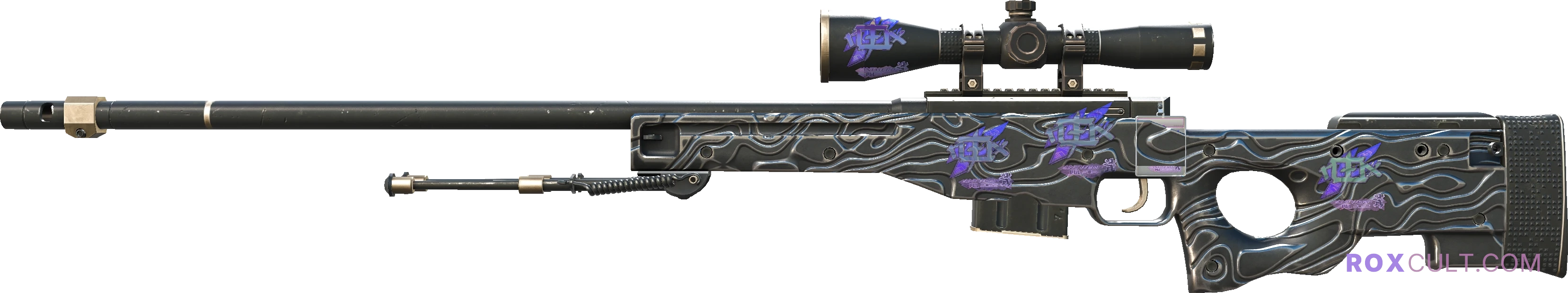AWP | Black Nile (Factory New) — rox (Holo) Antwerp 2022 craft, playside view with 4 rox (Holo) stickers