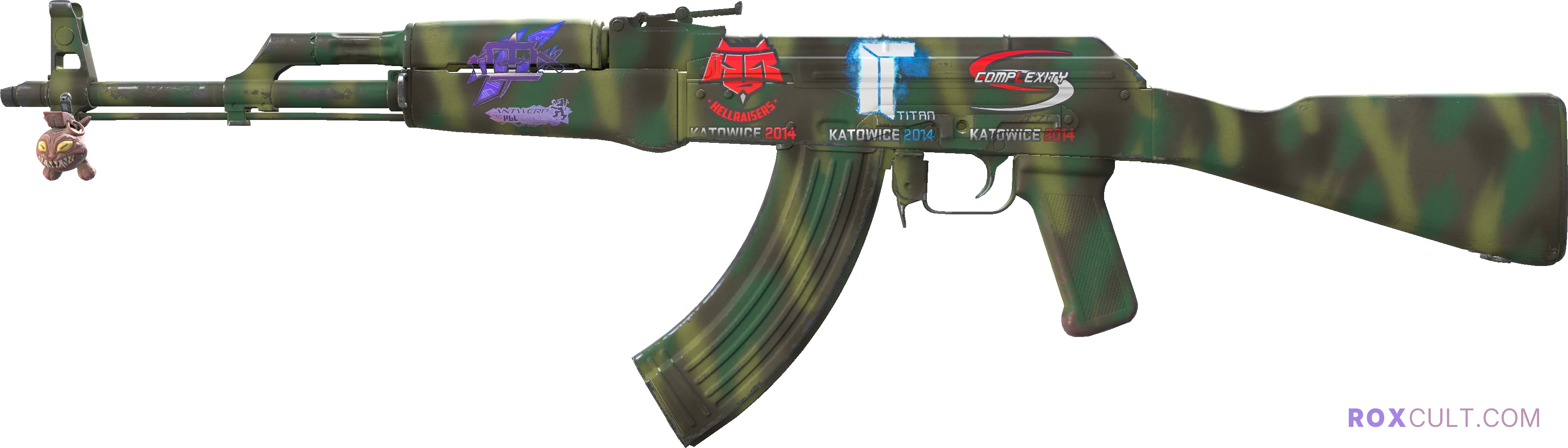 AK-47 | Jungle Spray (Minimal Wear) — rox (Holo) Antwerp 2022 craft, playside view with 1 rox (Holo) sticker