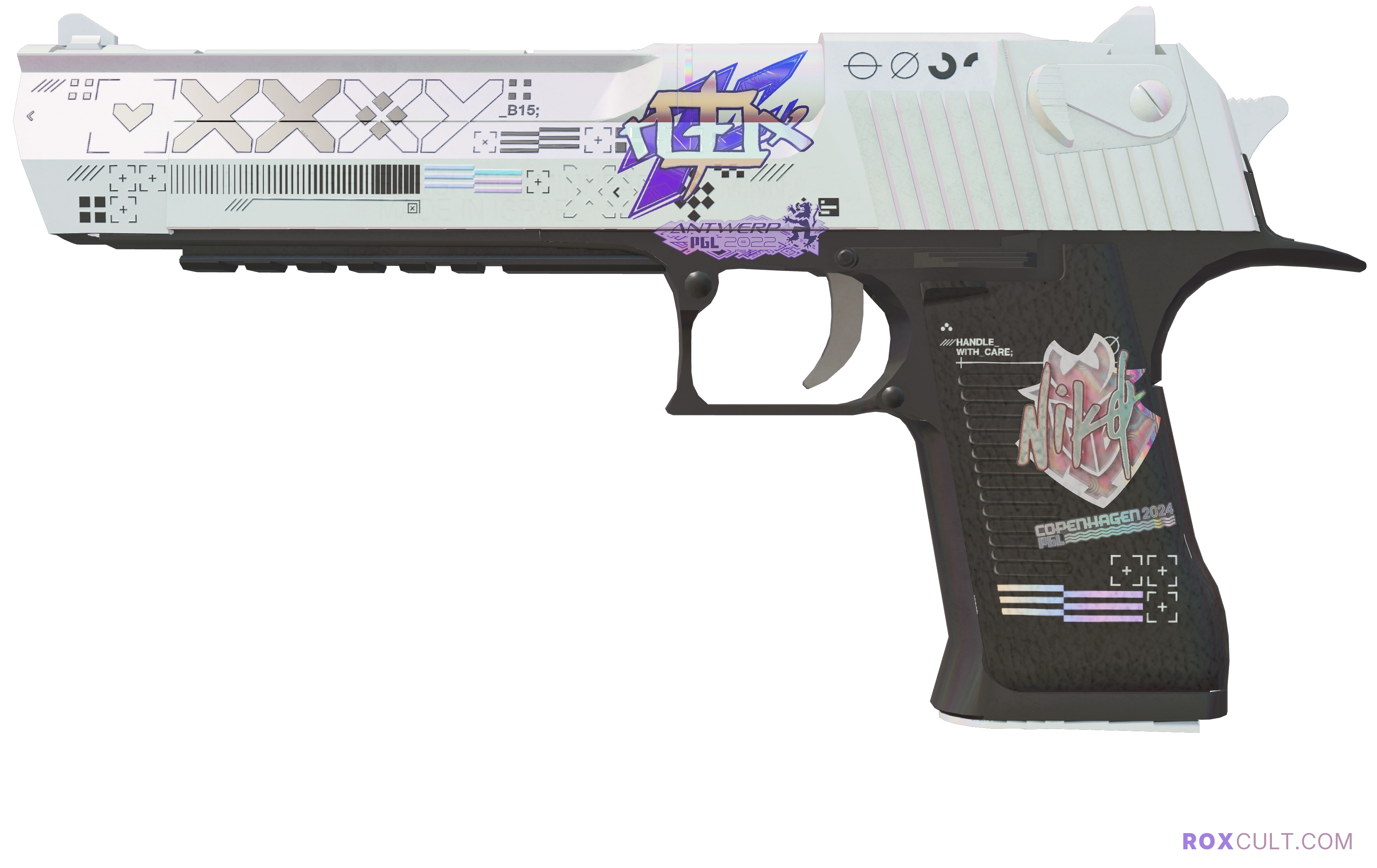Desert Eagle | Printstream (Minimal Wear) — rox (Holo) Antwerp 2022 craft, playside view with 1 rox (Holo) sticker