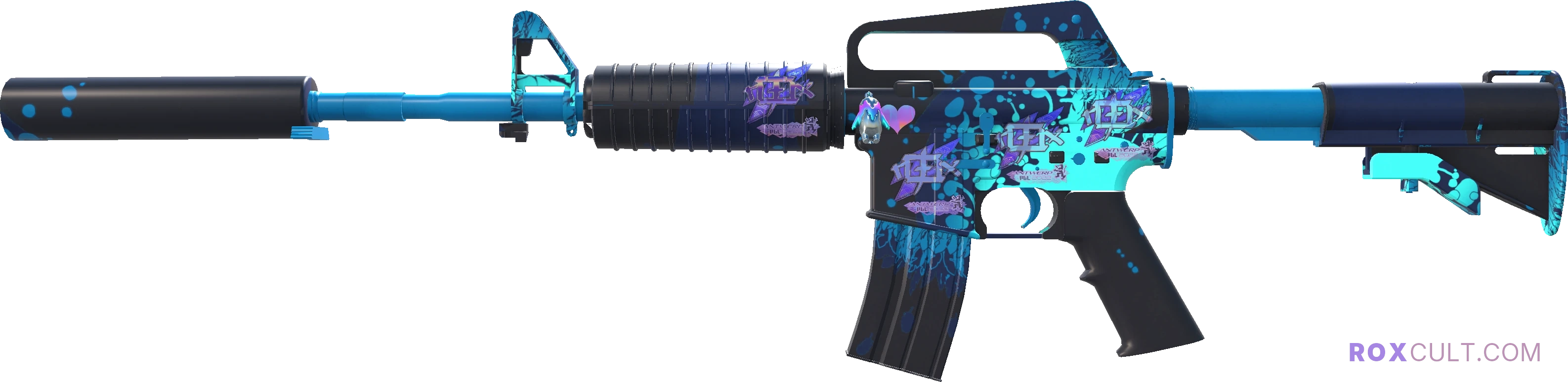 M4A1-S | Icarus Fell (Factory New) — rox (Holo) Antwerp 2022 craft, playside view with 4 rox (Holo) stickers
