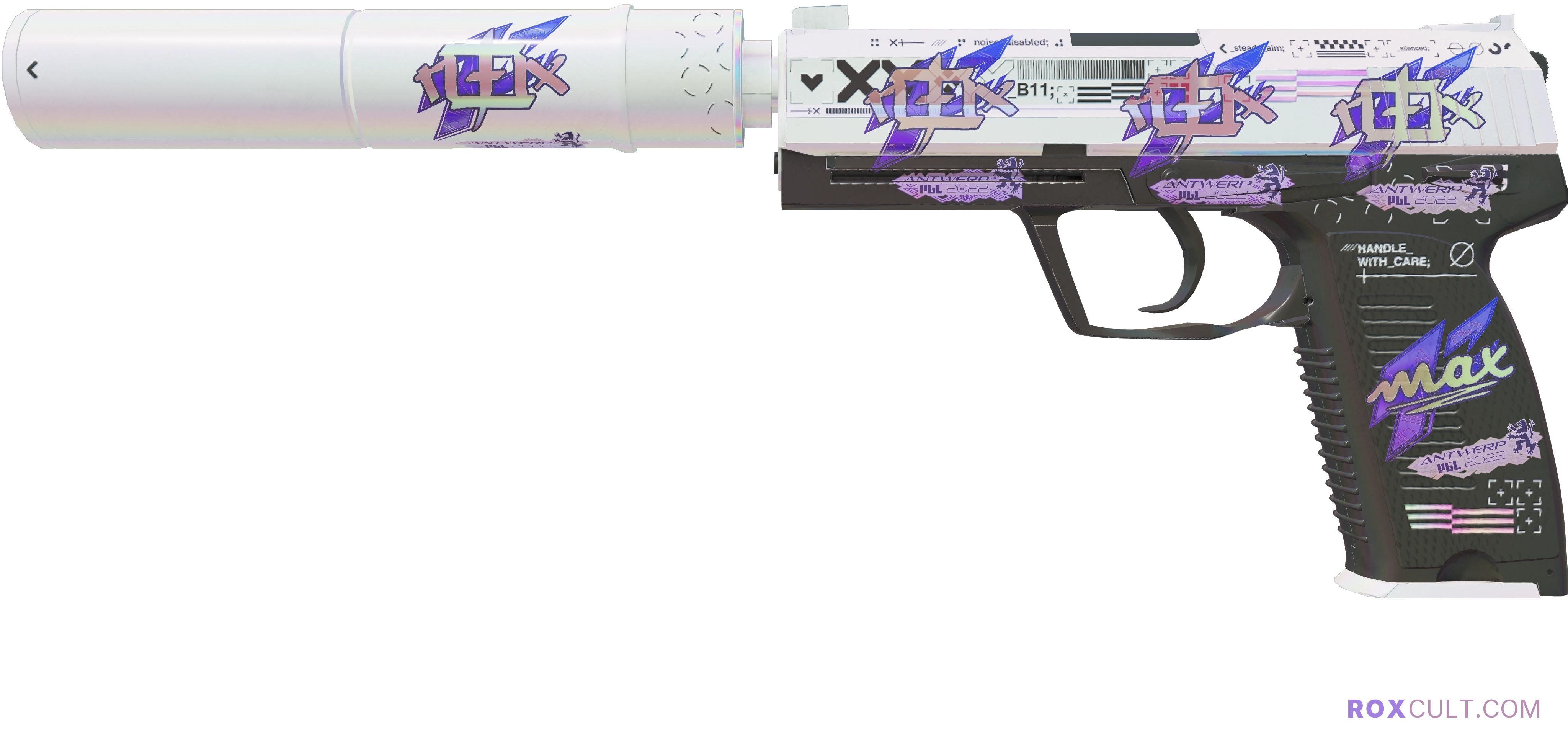 USP-S | Printstream (Factory New) — rox (Holo) Antwerp 2022 craft, playside view with 4 rox (Holo) stickers