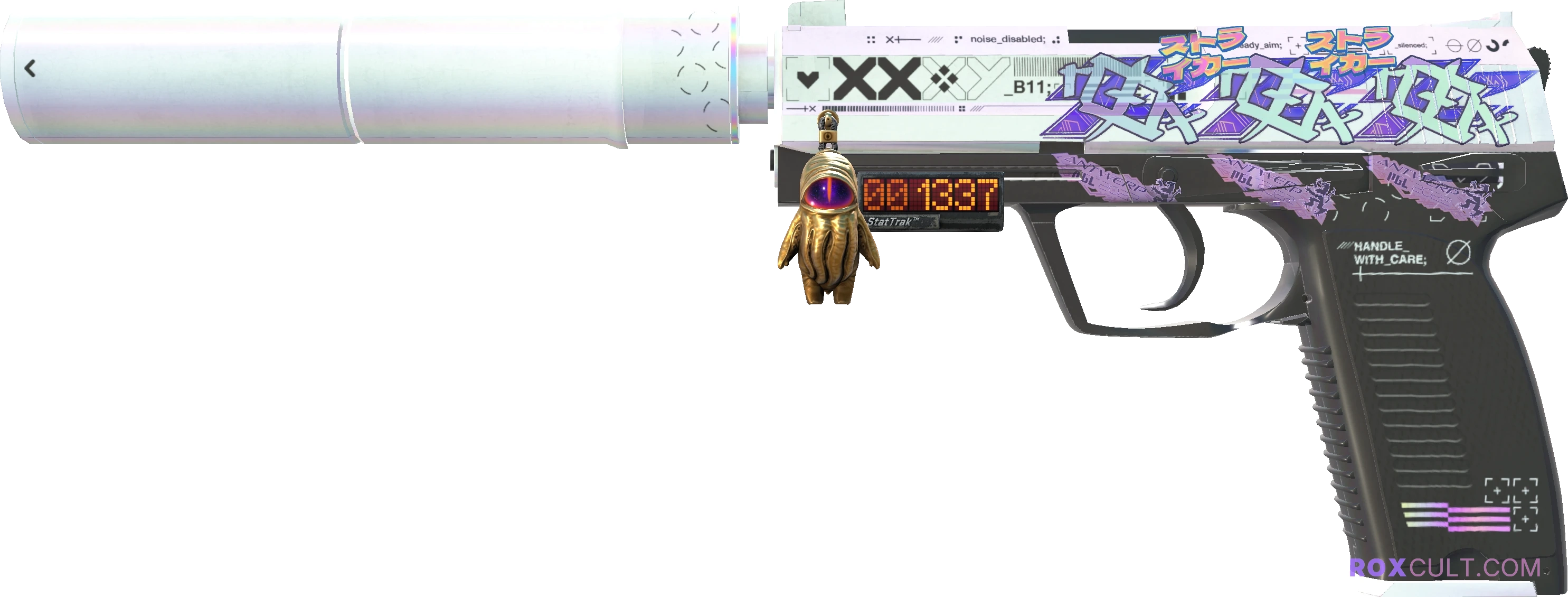 StatTrak™ USP-S | Printstream (Minimal Wear) — rox (Holo) Antwerp 2022 craft, playside view with 3 rox (Holo) stickers