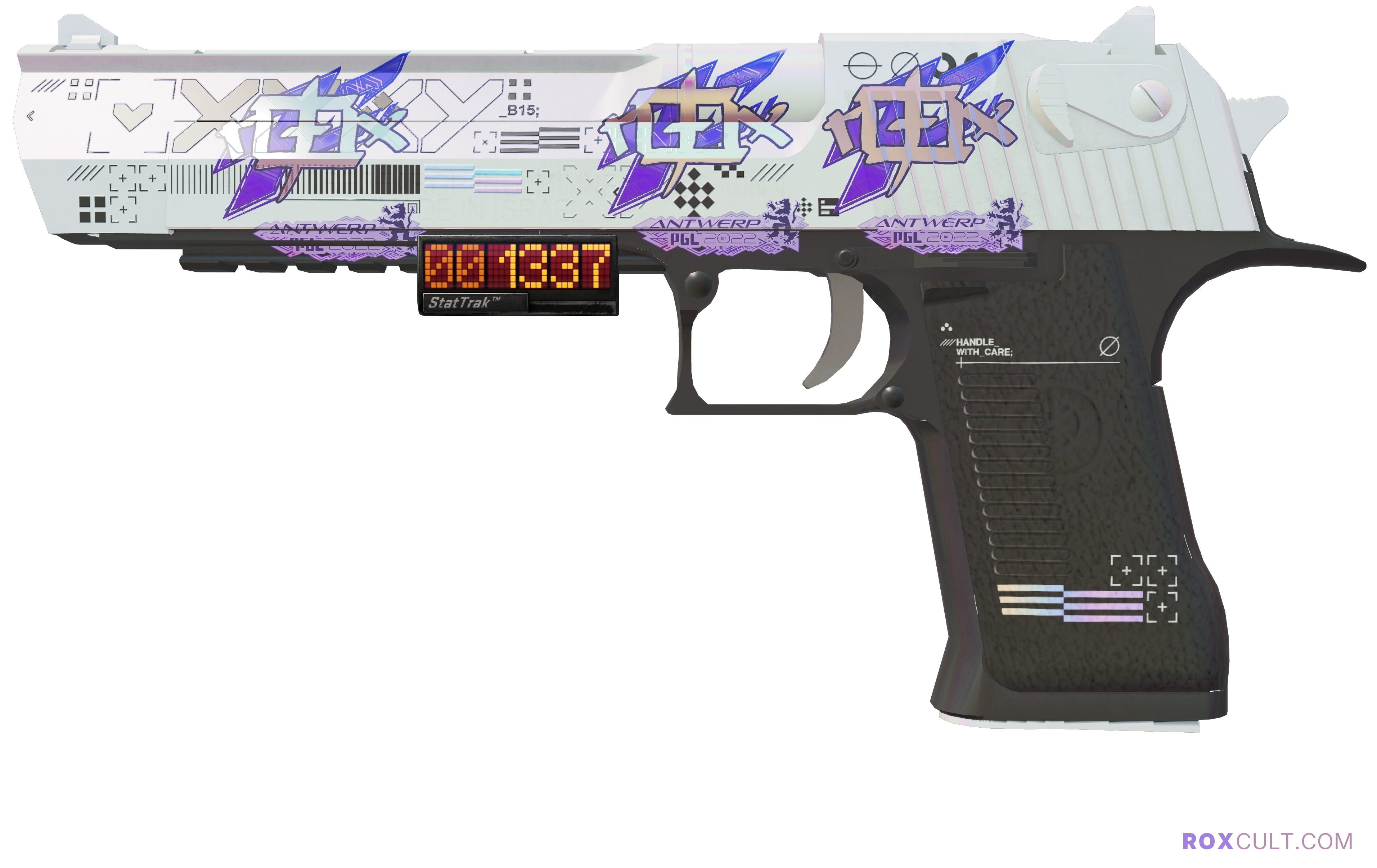 StatTrak™ Desert Eagle | Printstream (Minimal Wear) — rox (Holo) Antwerp 2022 craft, playside view with 3 rox (Holo) stickers
