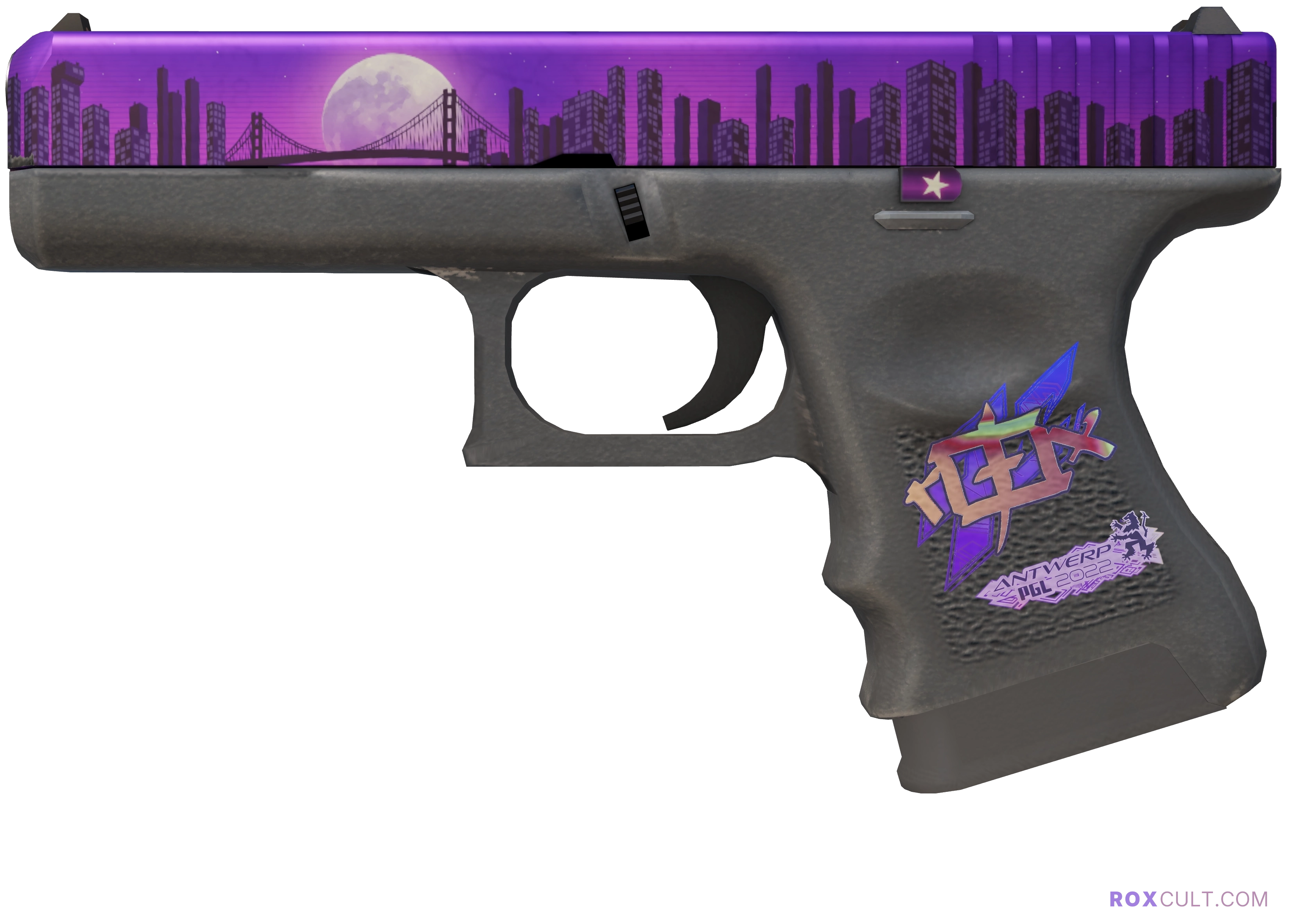 Glock-18 | Moonrise (Factory New) — rox (Holo) Antwerp 2022 craft, playside view with 1 rox (Holo) sticker
