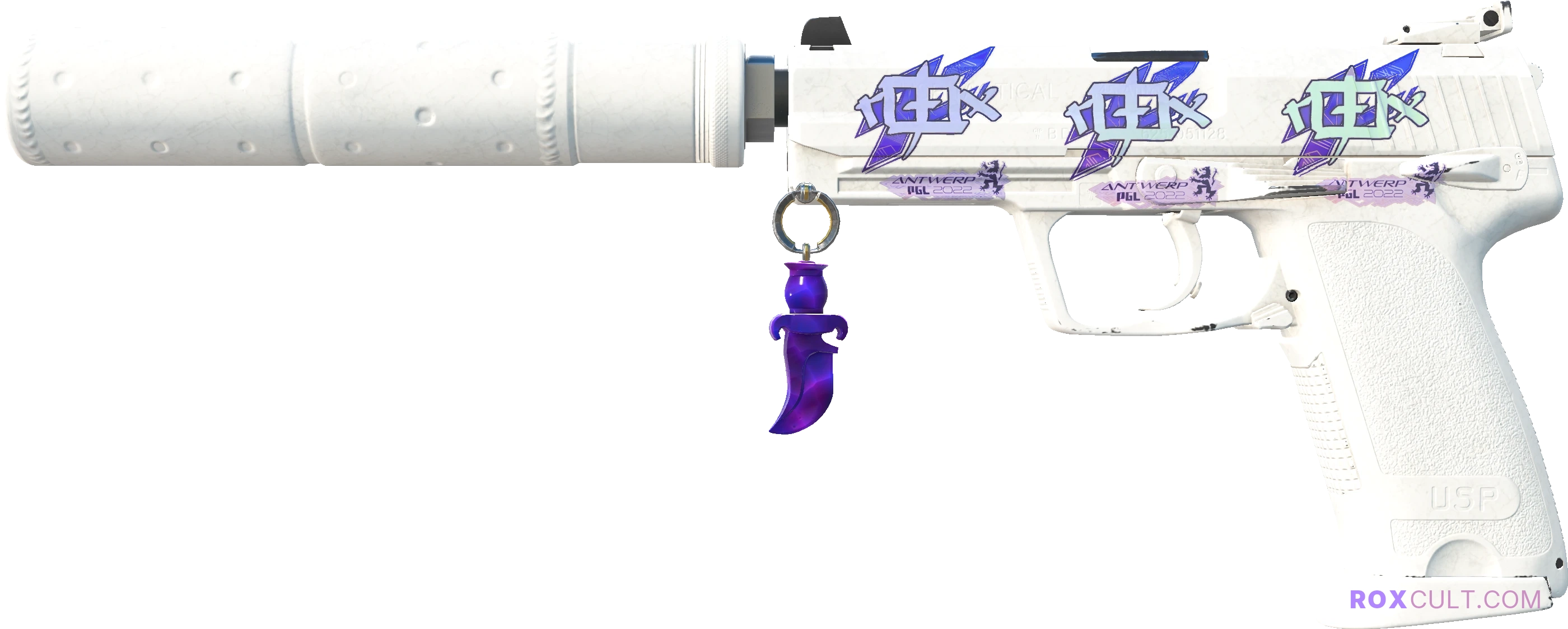 USP-S | Whiteout (Factory New) — rox (Holo) Antwerp 2022 craft, playside view with 3 rox (Holo) stickers