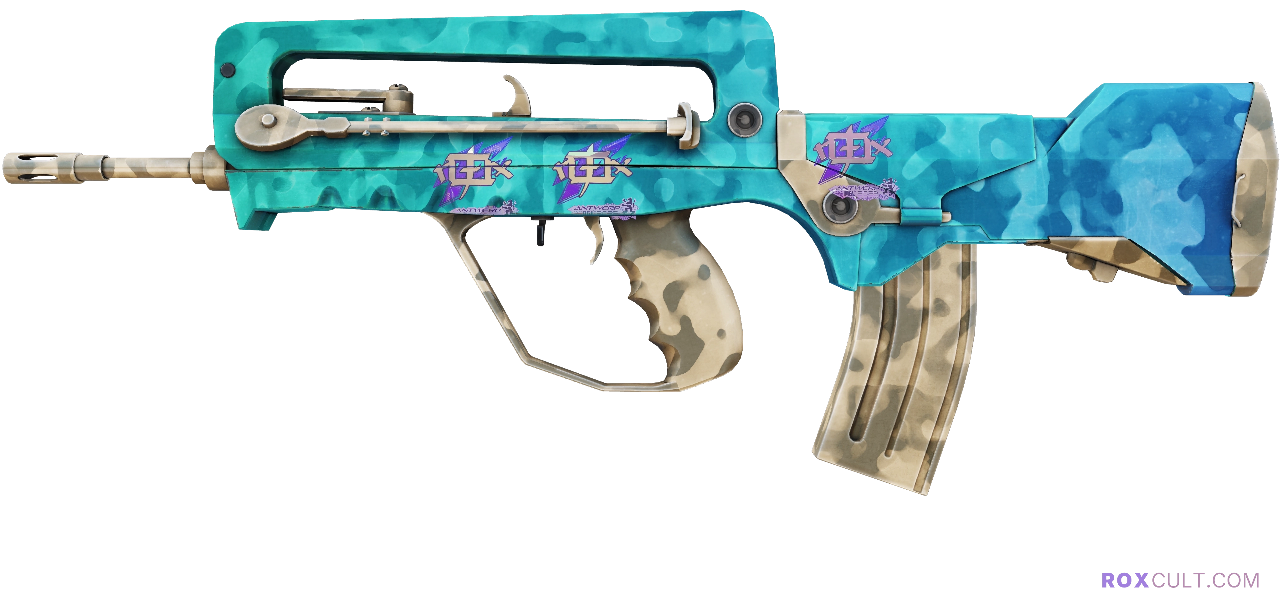 FAMAS | Waters of Nephthys (Minimal Wear) — rox (Holo) Antwerp 2022 craft, playside view with 3 rox (Holo) stickers