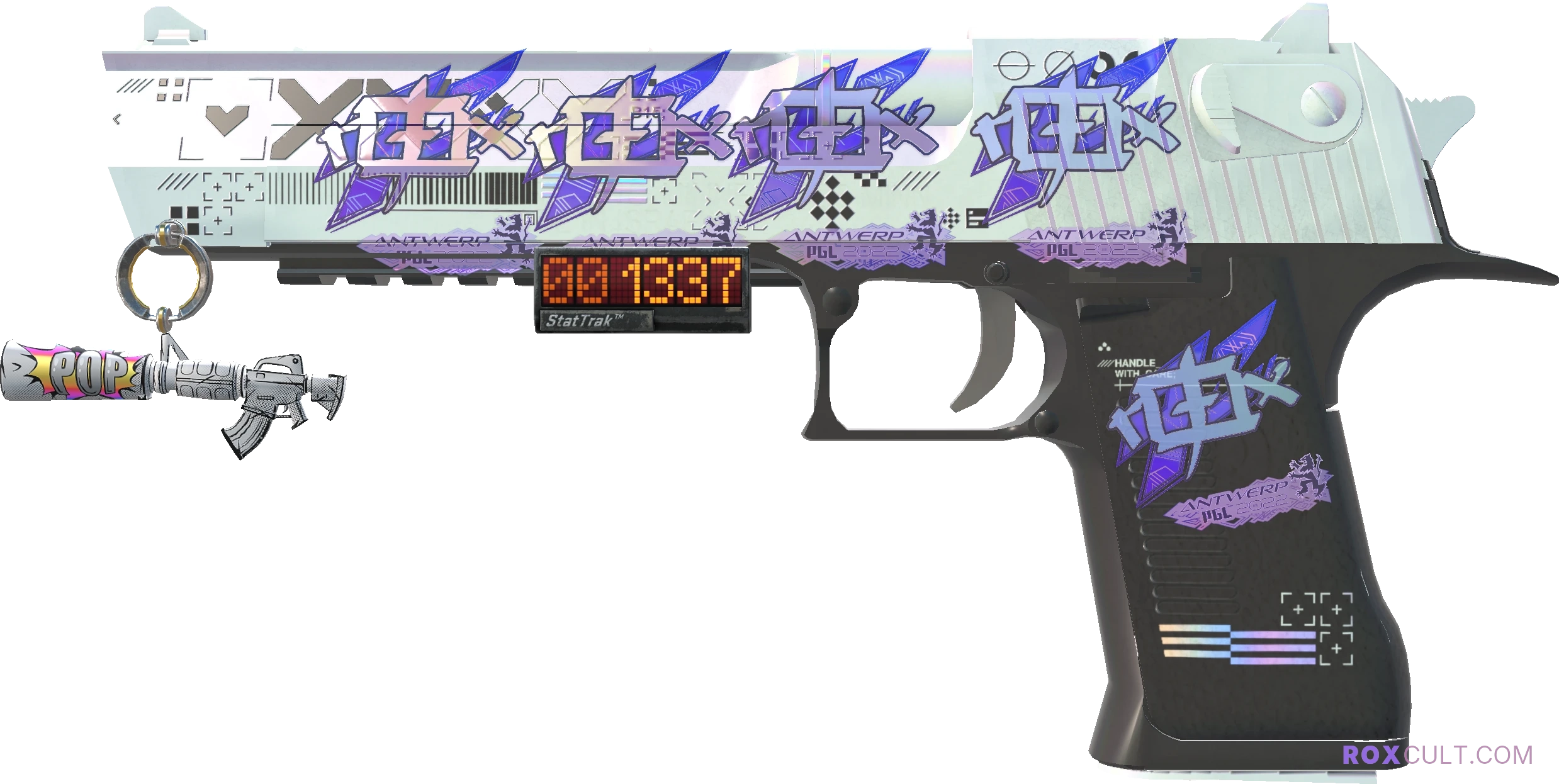 StatTrak™ Desert Eagle | Printstream (Factory New) — rox (Holo) Antwerp 2022 craft, playside view with 5 rox (Holo) stickers