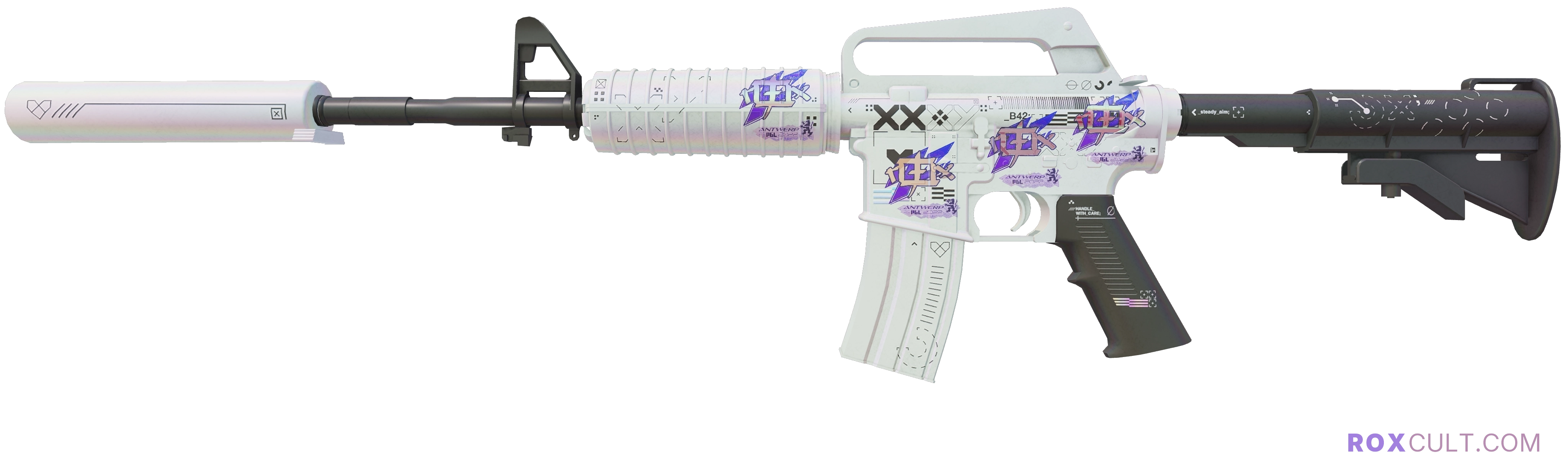 M4A1-S | Printstream (Factory New) — rox (Holo) Antwerp 2022 craft, playside view with 4 rox (Holo) stickers