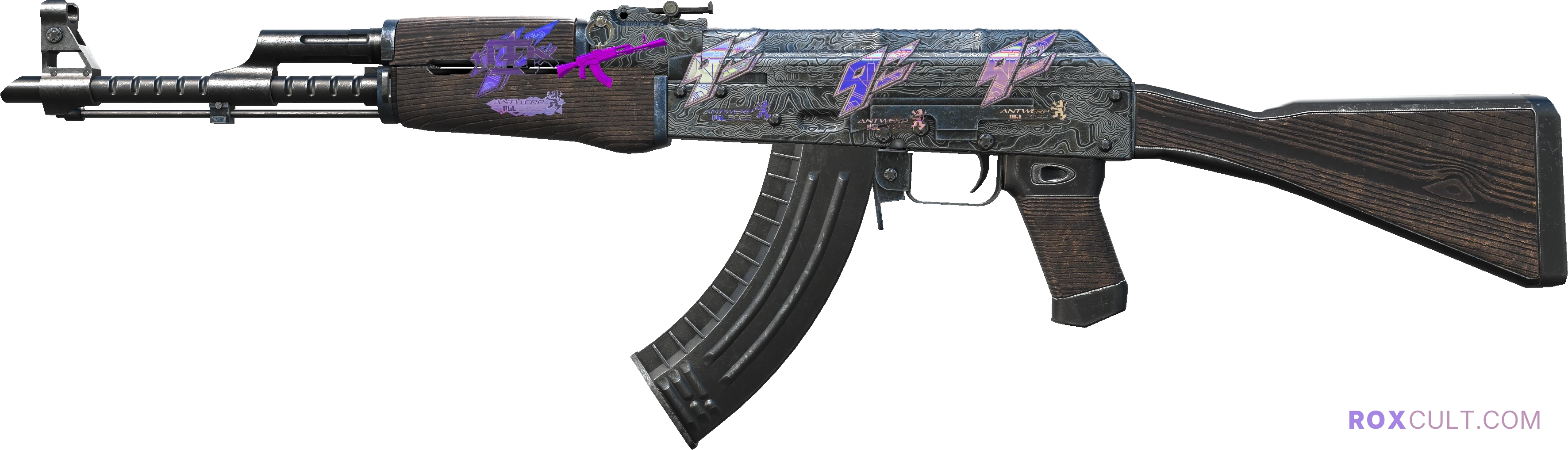 AK-47 | Steel Delta (Factory New) — rox (Holo) Antwerp 2022 craft, playside view with 1 rox (Holo) sticker