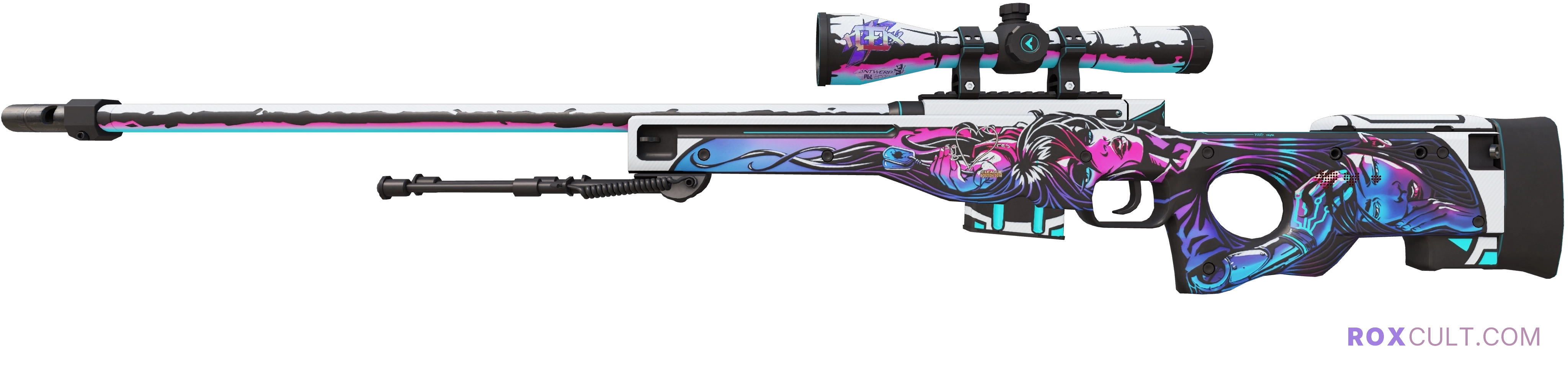 AWP | Neo-Noir (Factory New) — rox (Holo) Antwerp 2022 craft, playside view with 1 rox (Holo) sticker