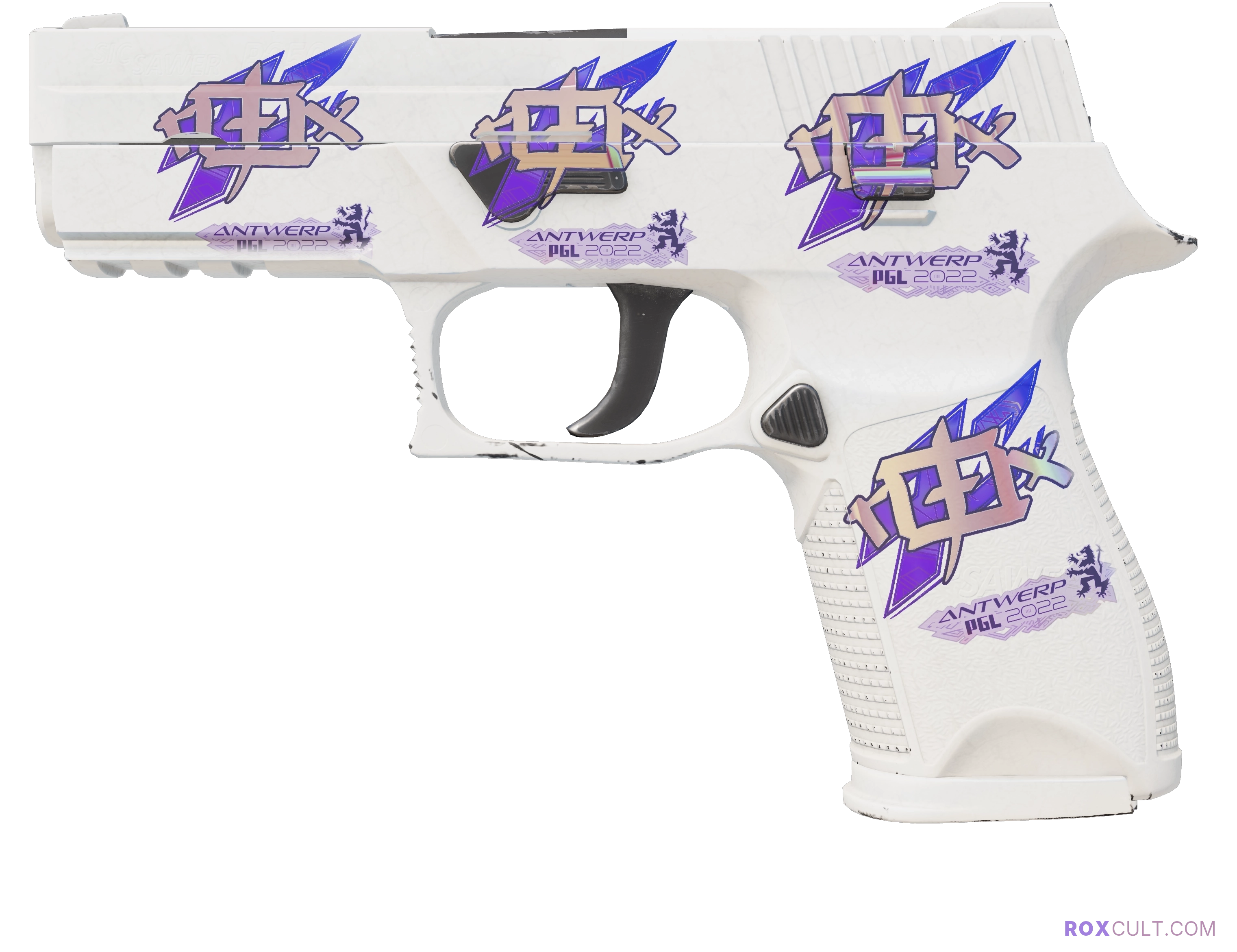 P250 | Whiteout (Factory New) — rox (Holo) Antwerp 2022 craft, playside view with 4 rox (Holo) stickers