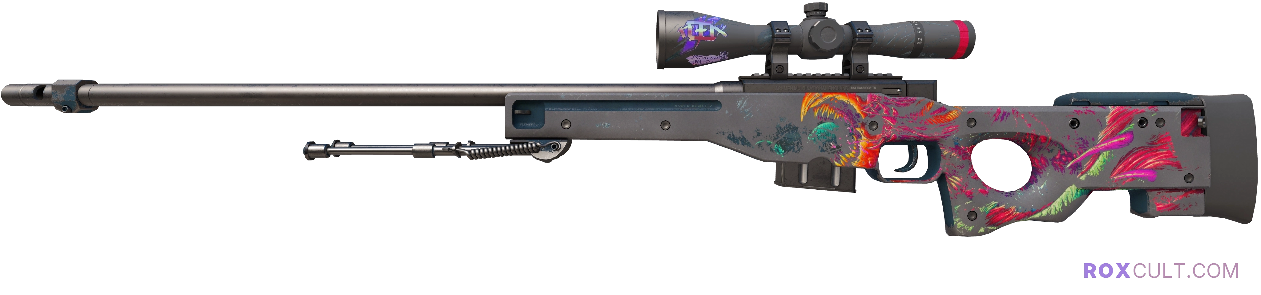 AWP | Hyper Beast (Battle-Scarred) — rox (Holo) Antwerp 2022 craft, playside view with 1 rox (Holo) sticker